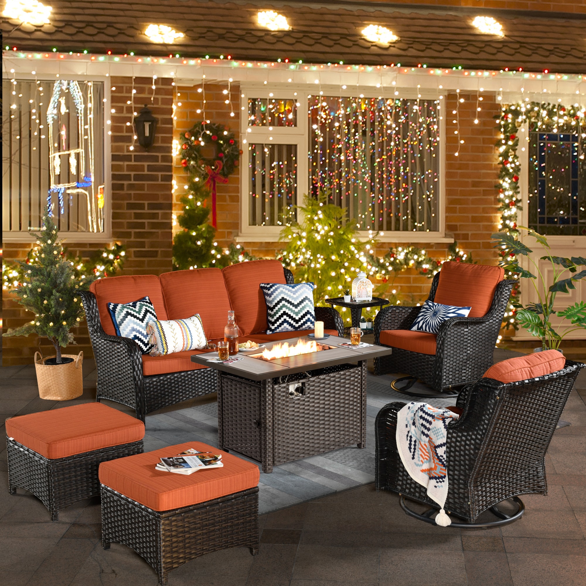 Pouuin SRFPNTC80-7 7 -Piece Wicker Patio Sofa Conversation Set with Orange Cushions