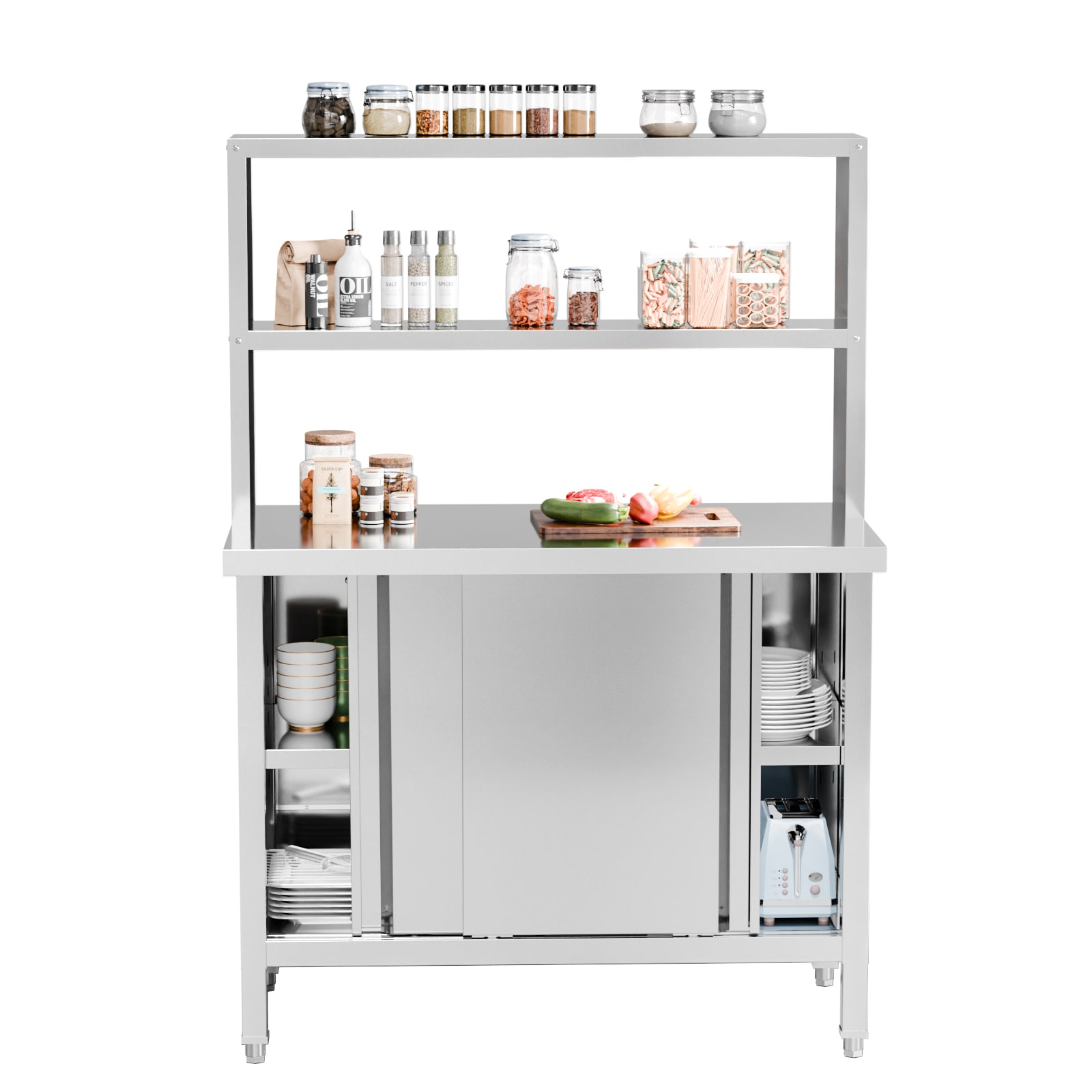 ROVSUN 39W x 32H All Stainless Steel Table with Overshelves/NSF Commercial Heavy Duty Pre Table with Large Space Storage Cabinet for Kitchen Restaurant Hotel Garages