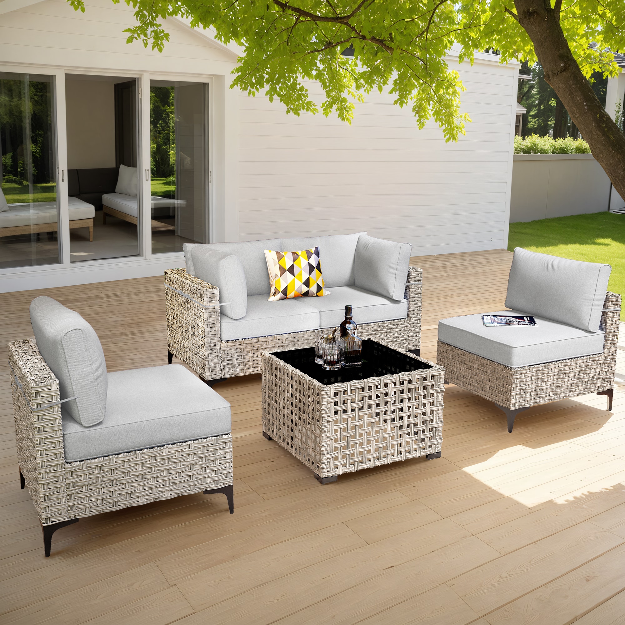 Pouuin SKT405 5 -Piece Wicker Patio Conversation Set with Gray Cushions