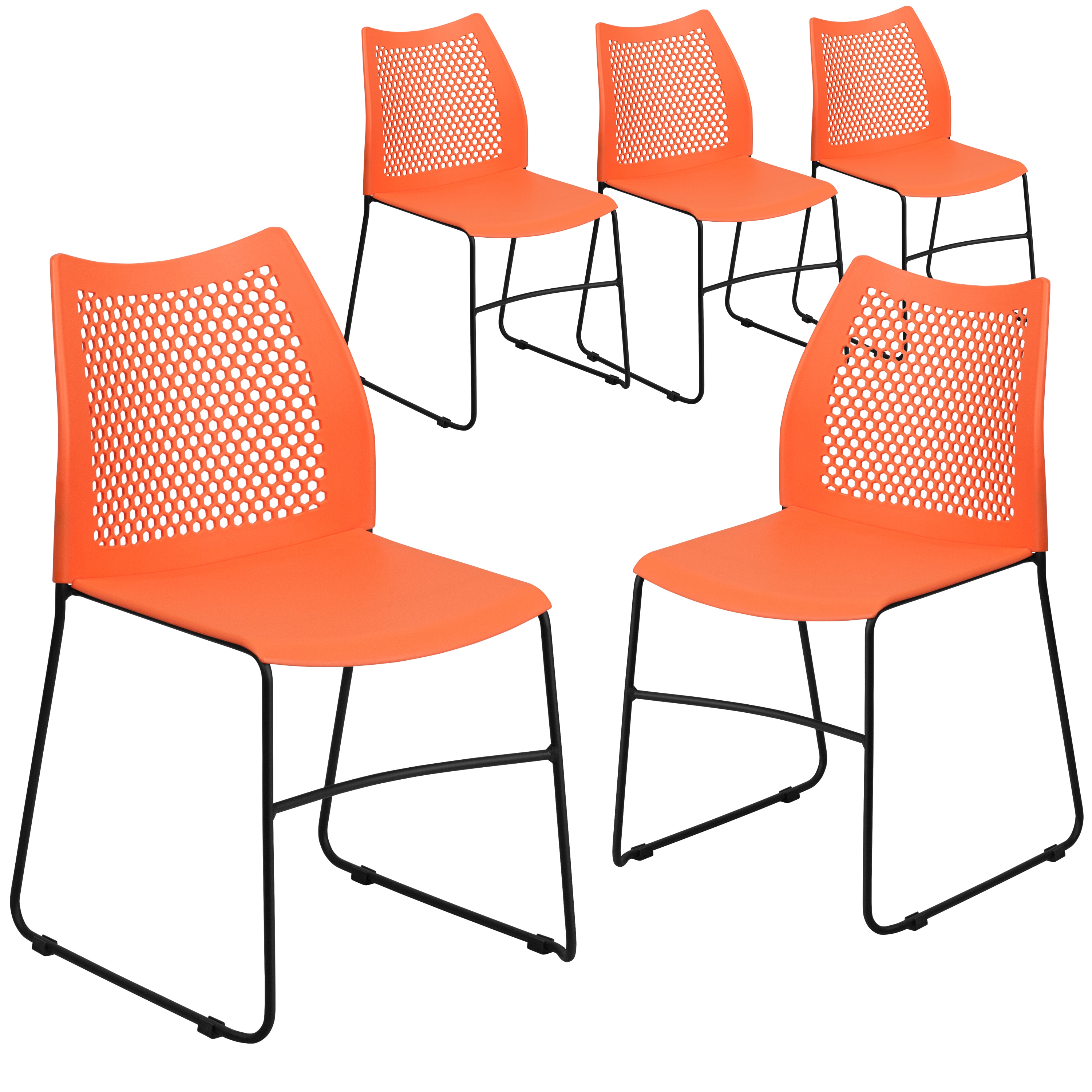 Flash Furniture 889142018230 5 Pack HERCULES Series 661 lb Capacity Orange Stack Chair with Air-Vent Back and Black Powder Coated Sled Base