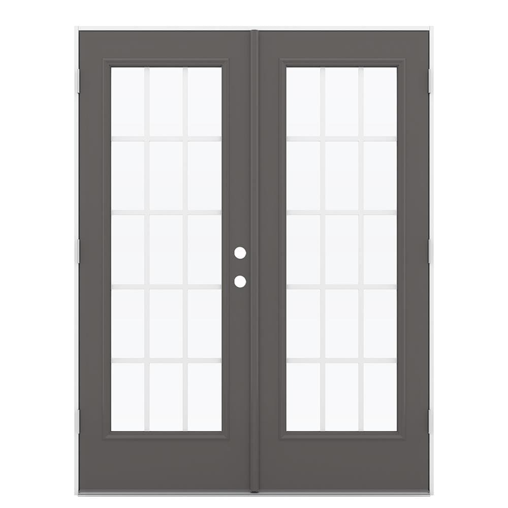 JELD-WEN LOWOLJW206000176 60-in x 80-in x 4-9/16-in Jamb Low-e Grilles Between The Glass Timber Gray Steel French Right-Hand Outswing Double Patio Door