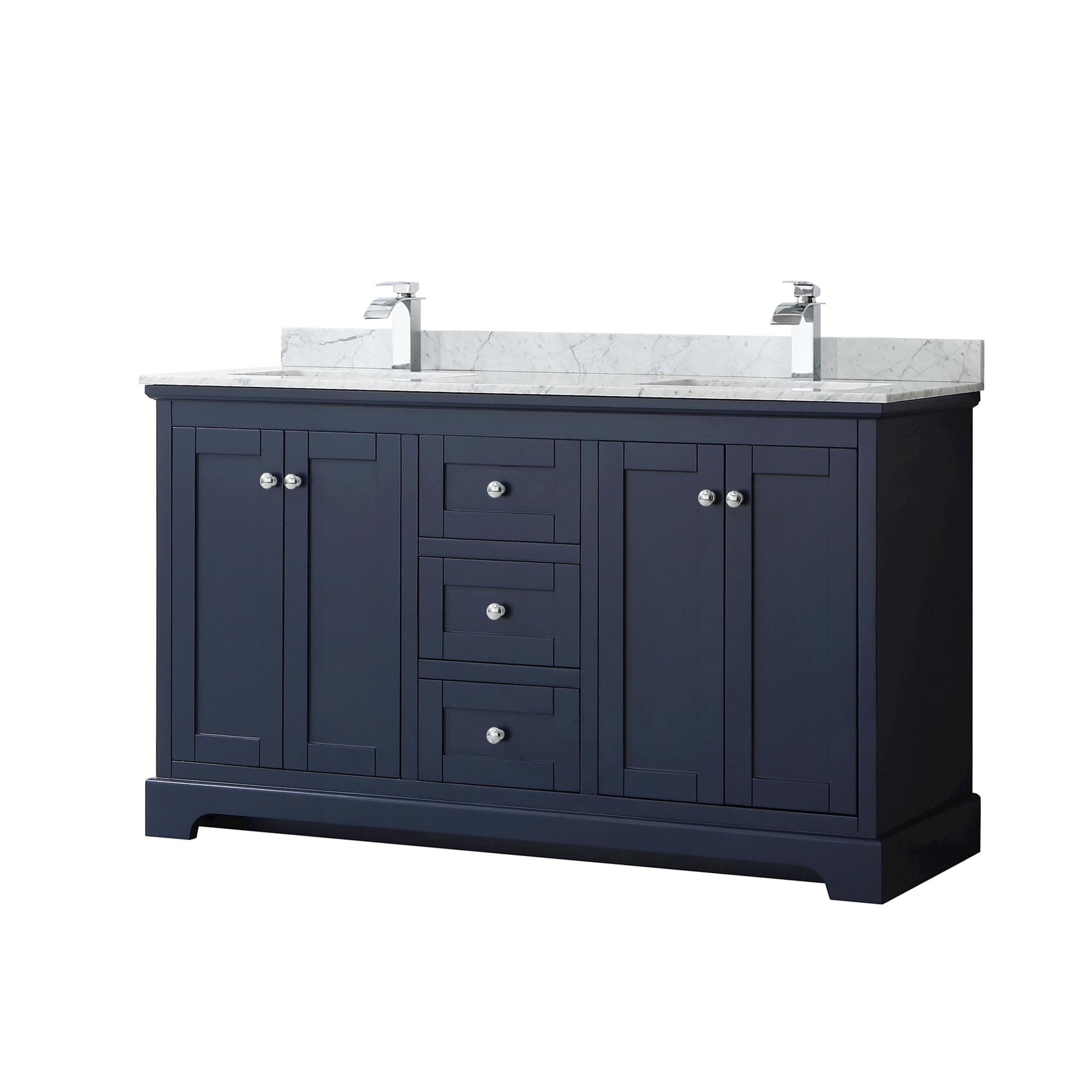 Wyndham Collection Avery 60-in Dark Blue Double Sink Bathroom Vanity with White Carrara Marble Natural Marble Top