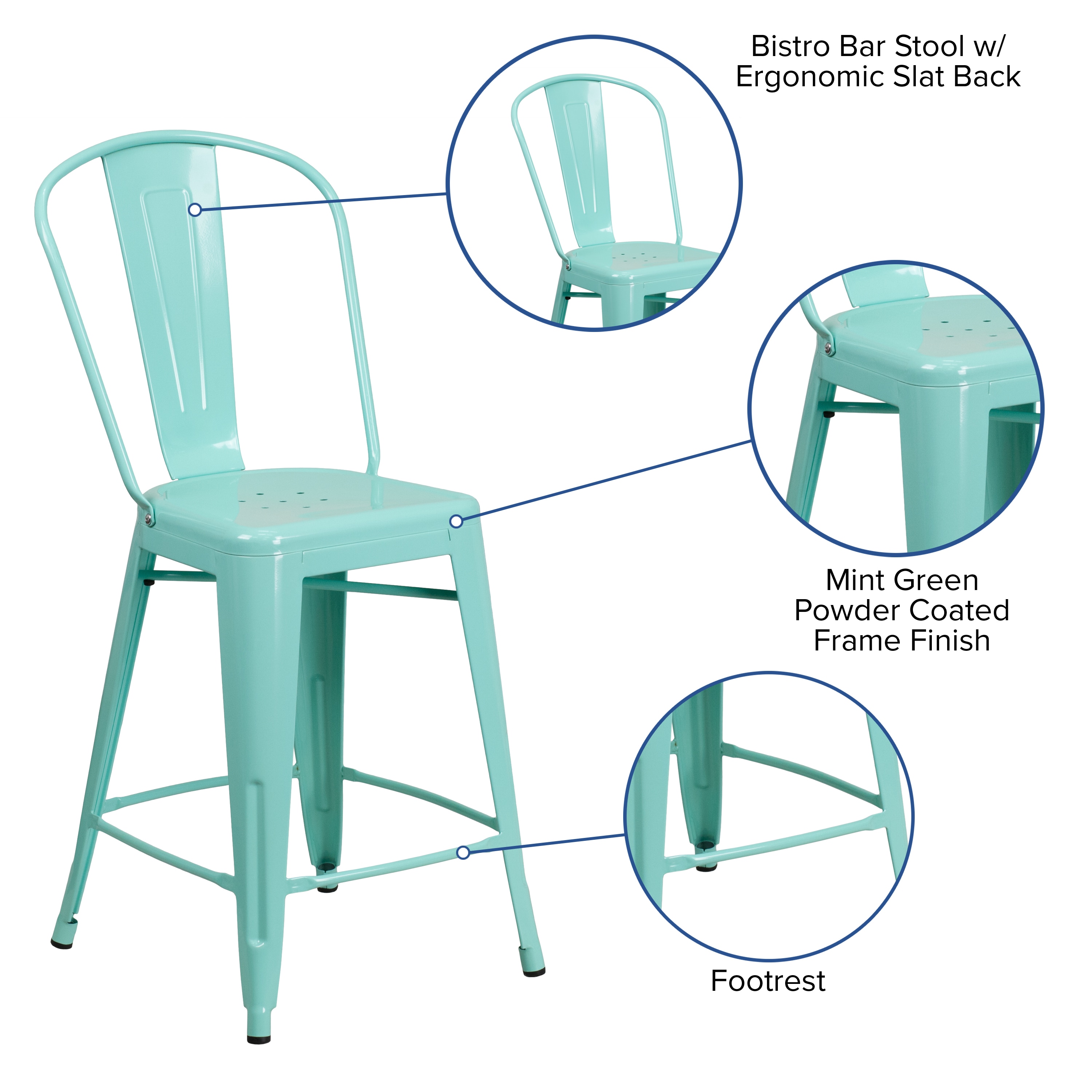 Mint Green Industrial Metal Tolix Bar Stool with Cone Legs