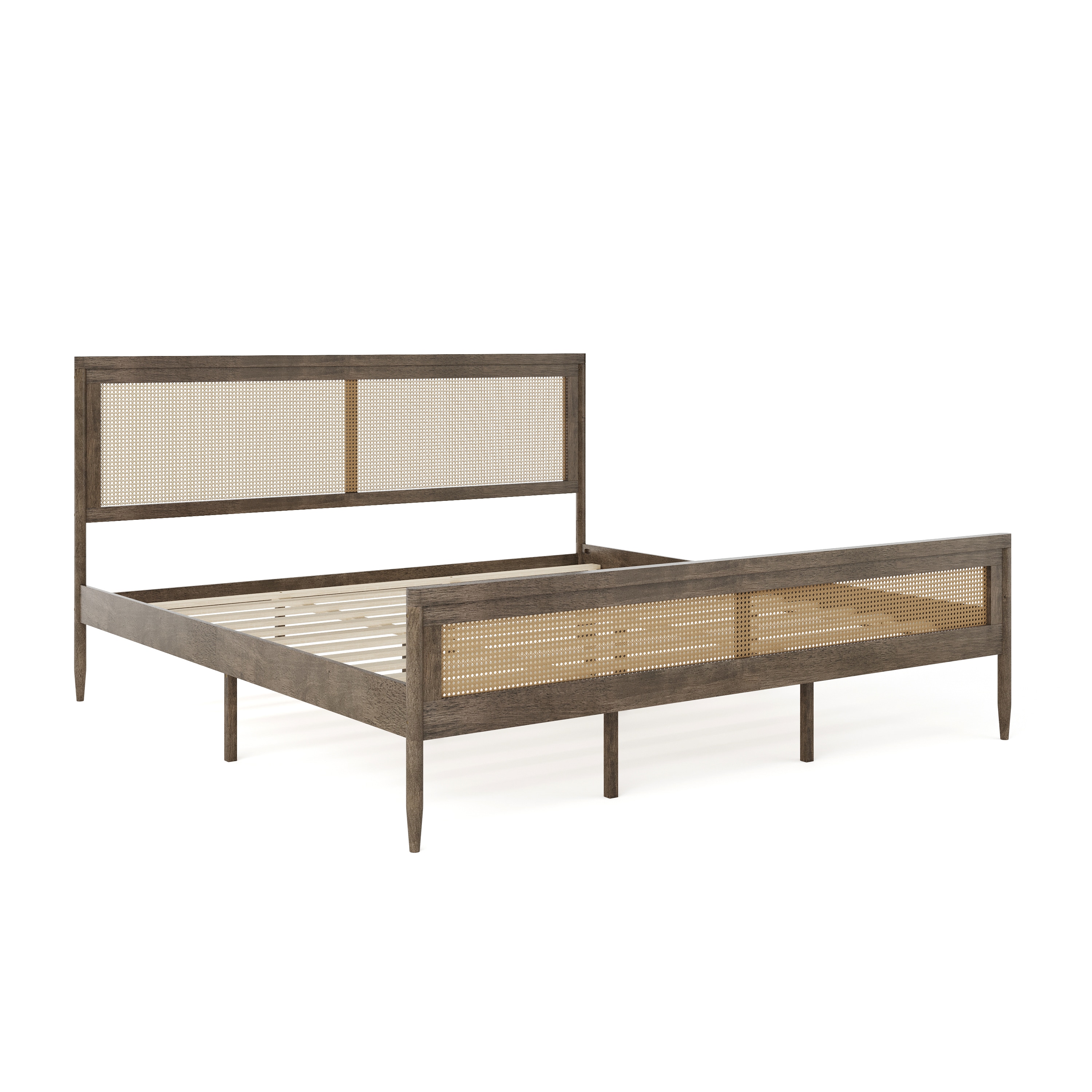 King Brown Gray Wood Frame Platform Bed with Rattan Headboard