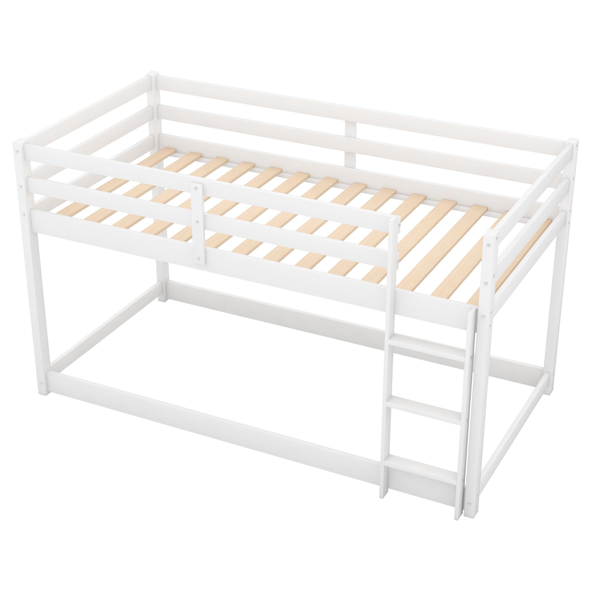 Yiekholo Low Profile Twin Over Twin Bunk Bed, White, Safe and