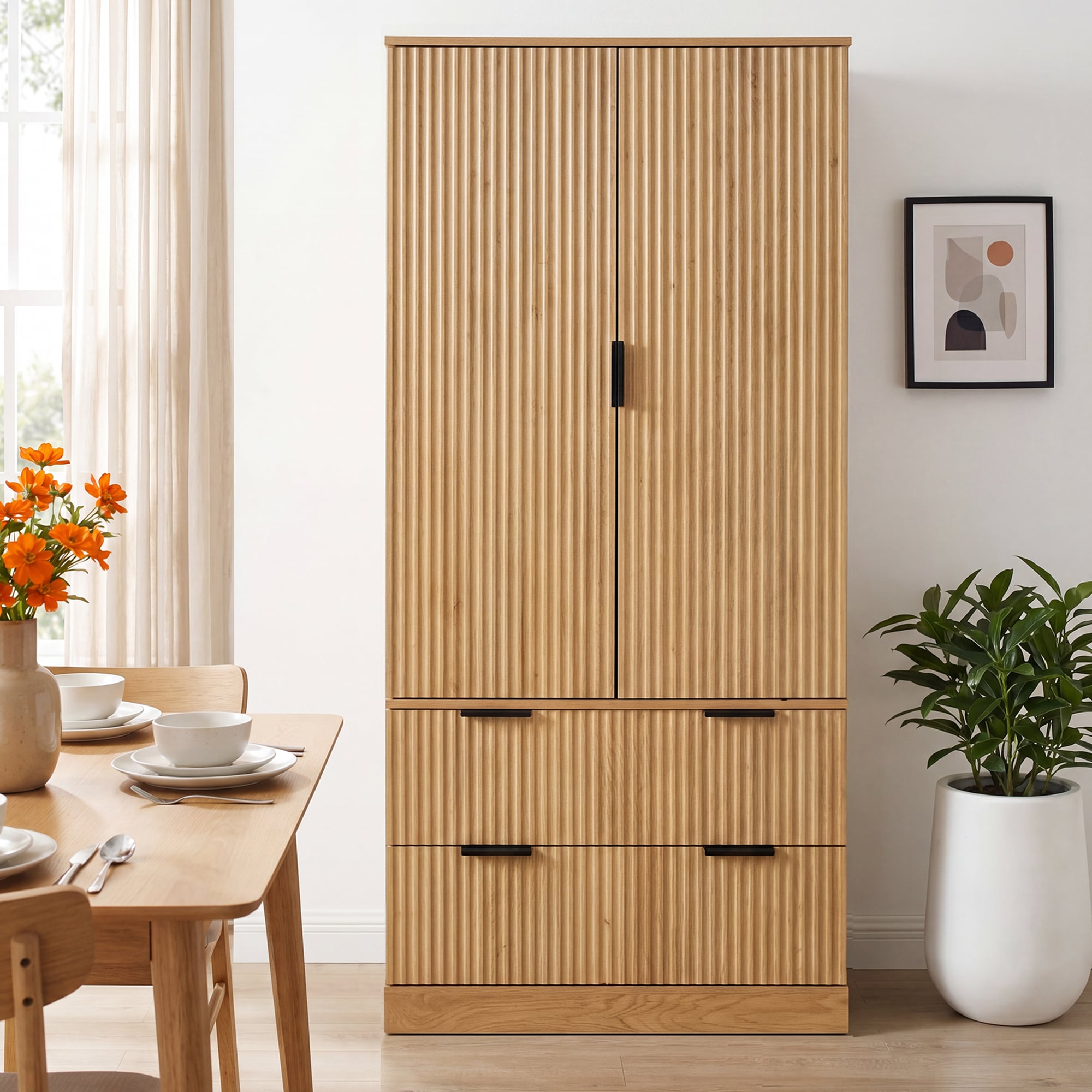 GDFStudio 72 inch Modern Fluted Kitchen Pantry Cabinet with 2 Large Drawers   8-Door Spice Rack  Freestanding Storage Organizer for Bathroom  Dining Room  Office  Entryway  Oak