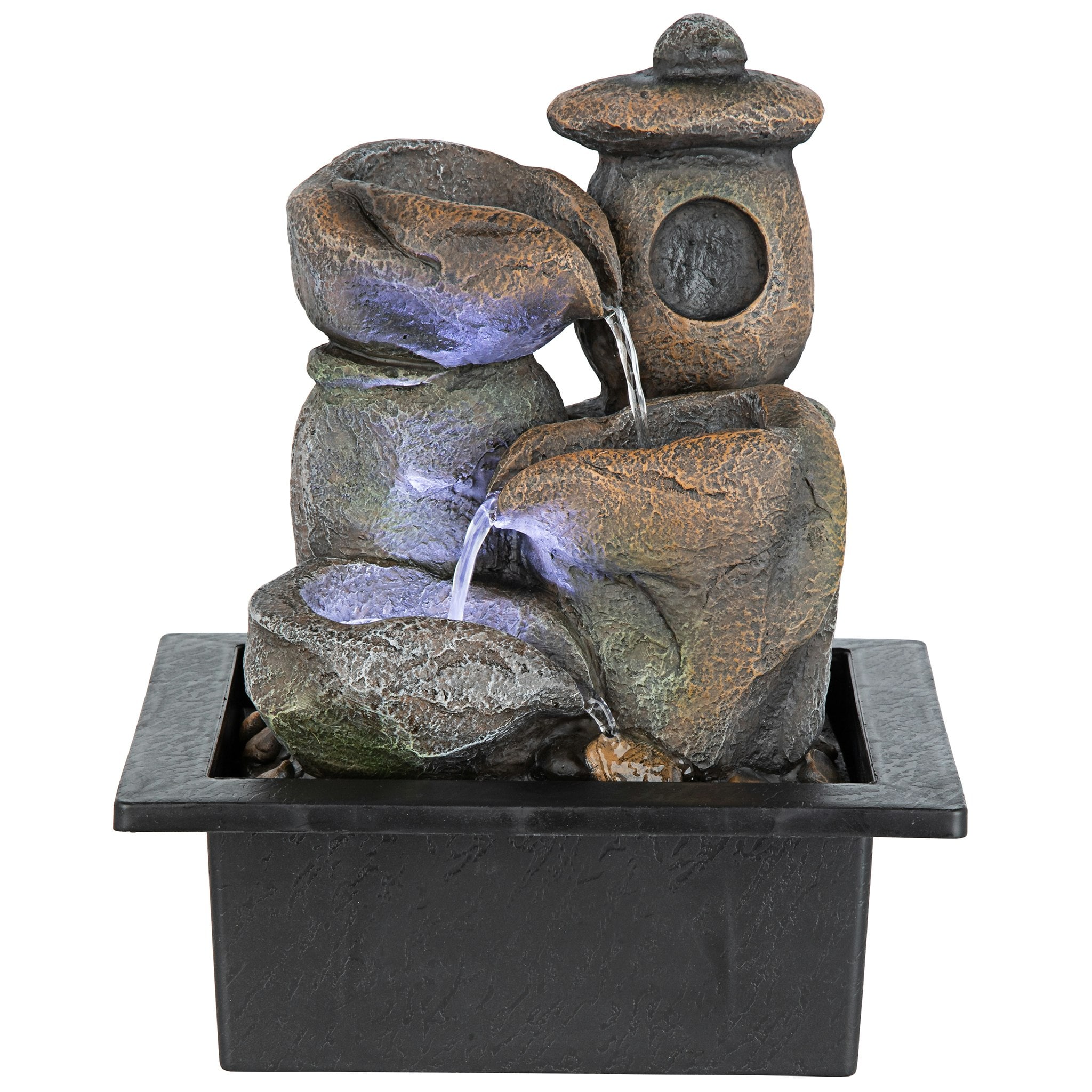 Japanese-Style Stone Pagoda Tabletop Fountain with LED Lights