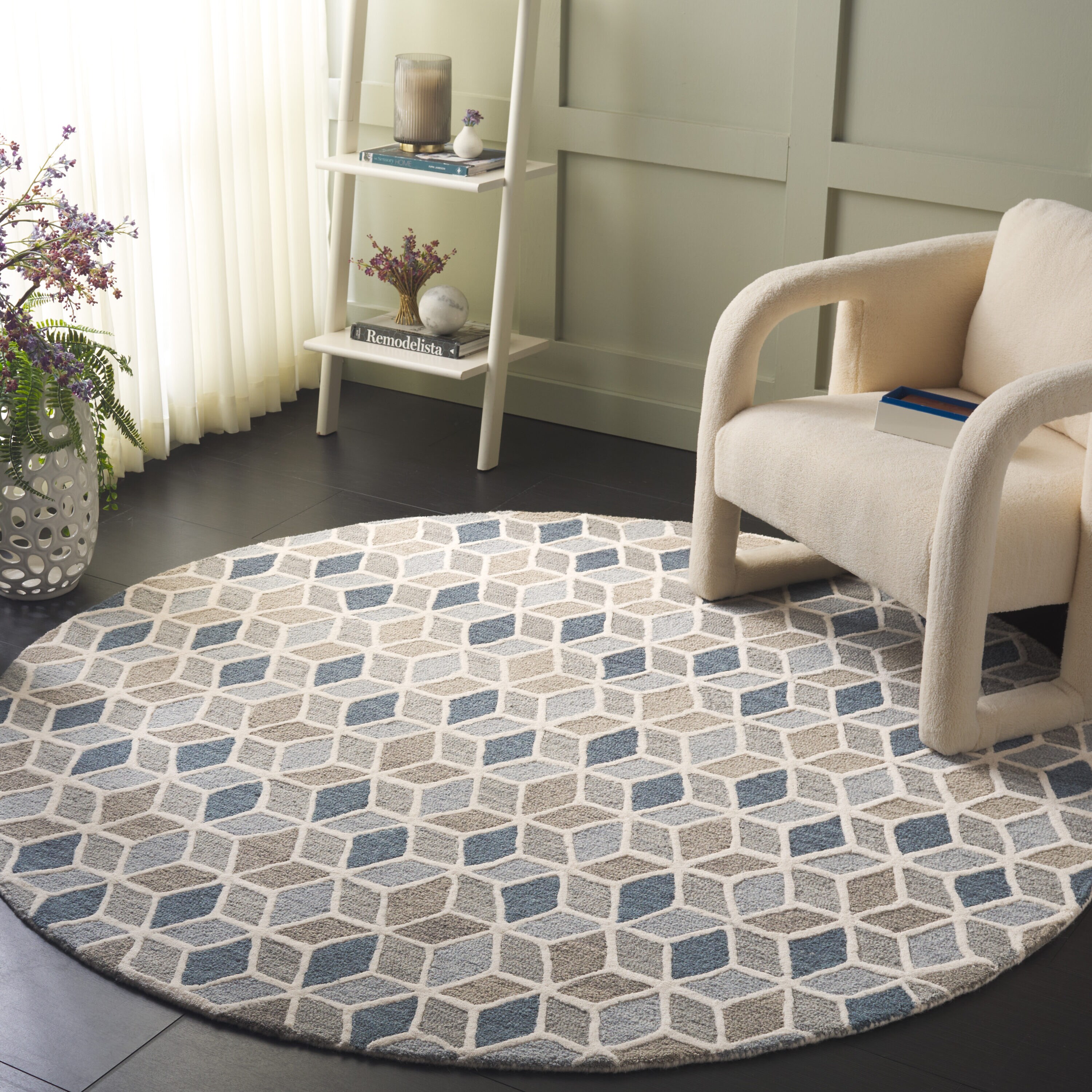  Ebony 656 Ivory/Blue Contemporary 6ft x 6ft Round Rug