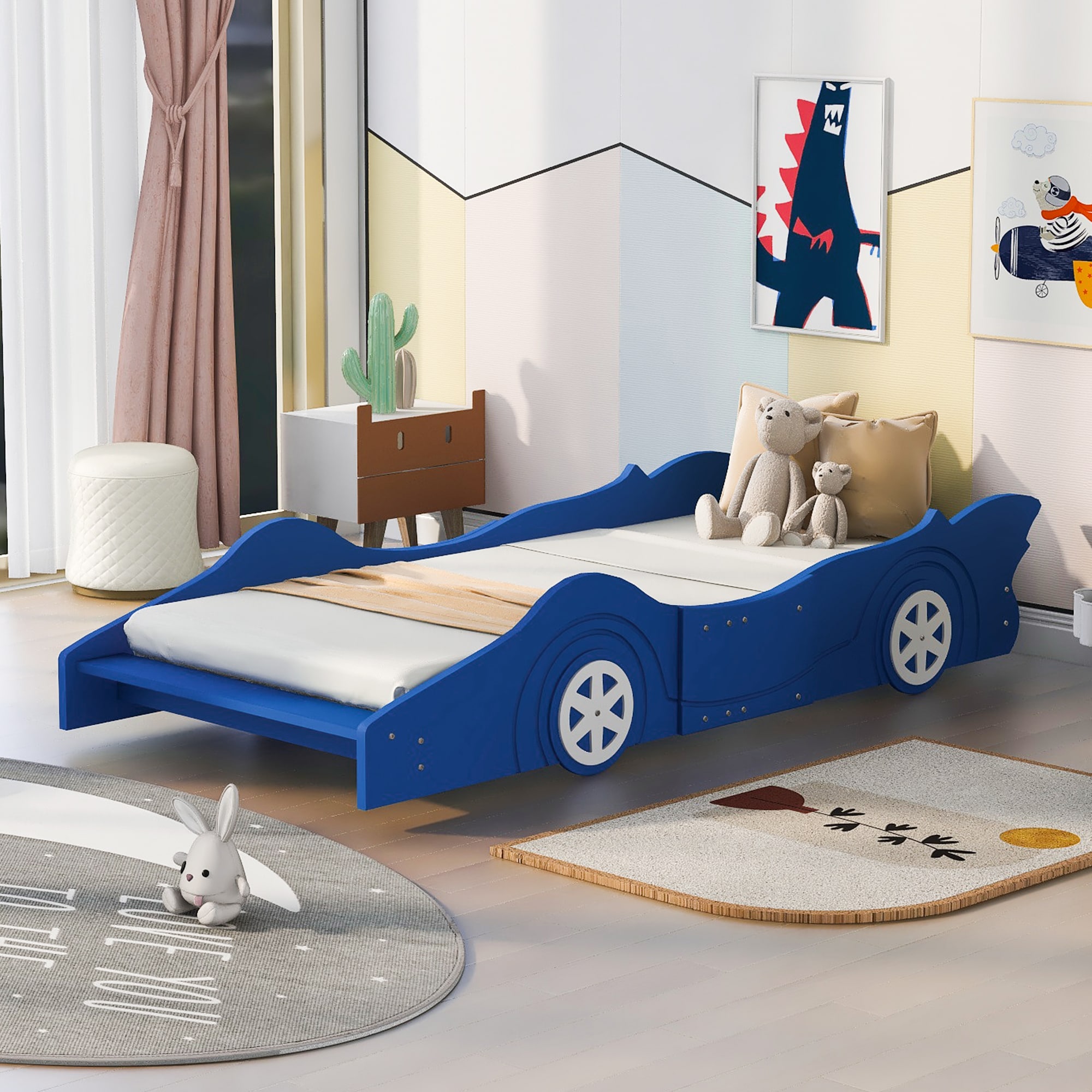 ModernLuxe WF298789AAC Twin Size Race CarShaped Platform Bed with WheelsBlue