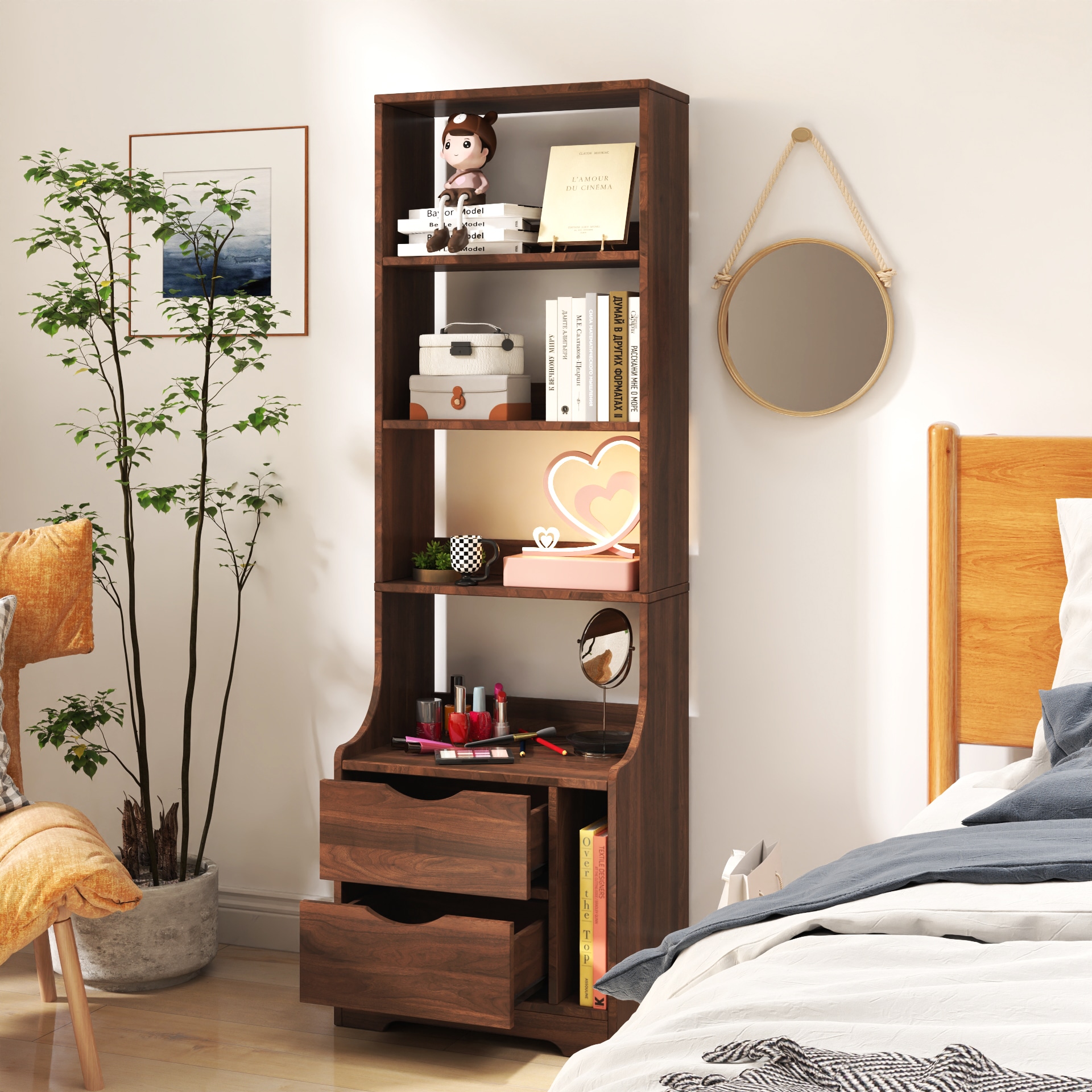 GDFStudio 327834 Soniat Modern Nightstand with Bookshelf and 2 Storage Drawers Walnut