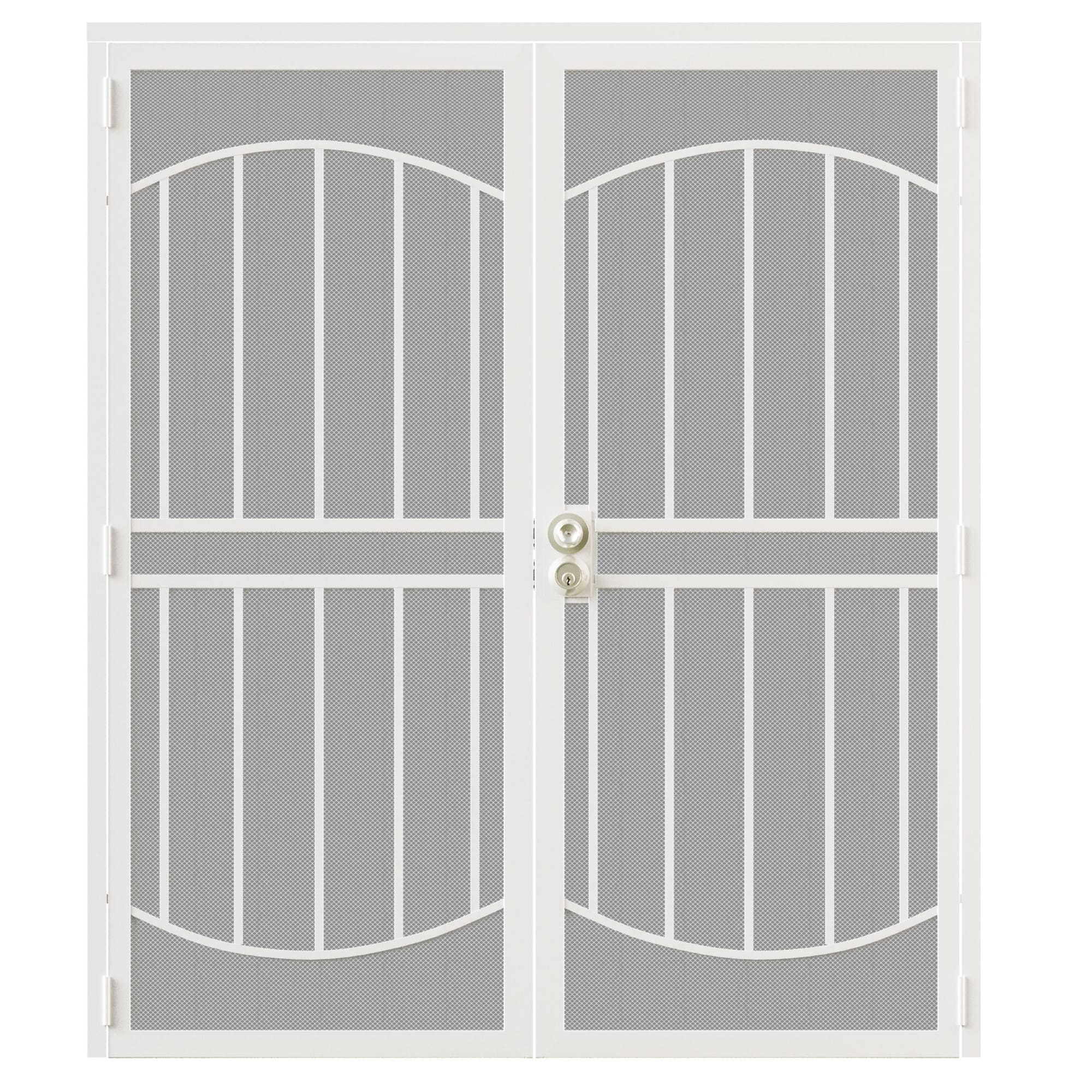 JUJUBON EX-SECDSD-WTYH-L-72 Security door 72-in x 80-in White Steel Recessed or surface mount Universal/Reversible Prehung Double Security Door with White Screen and Lockset included