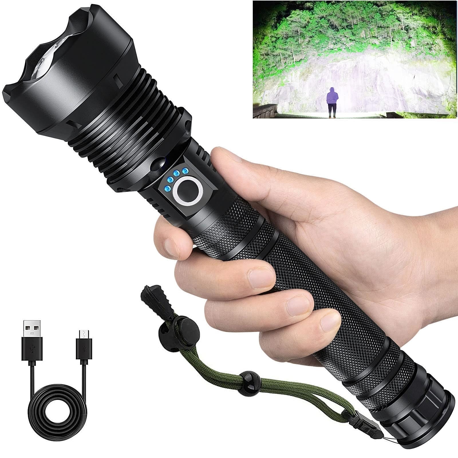 AOIZGMY Rechargeable LED Flashlight 99000 Lumens 5 Modes IPX7 Waterproof Adjustable Head USB Charging Cable 1 Piece for Camping Hiking #LAZ0502K23