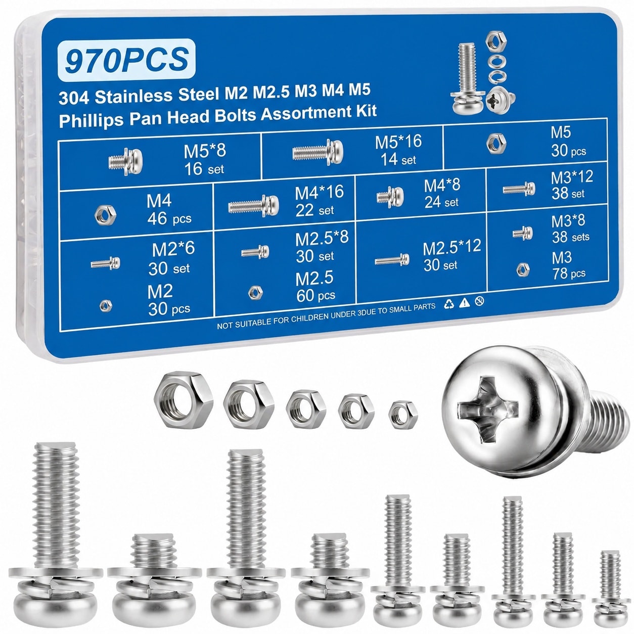 KHKFY  970 Piece Machine Screws Assortment Kit Phillips Pan Head 304 Stainless Steel Metric Sizes M2 to M5 durable home and
