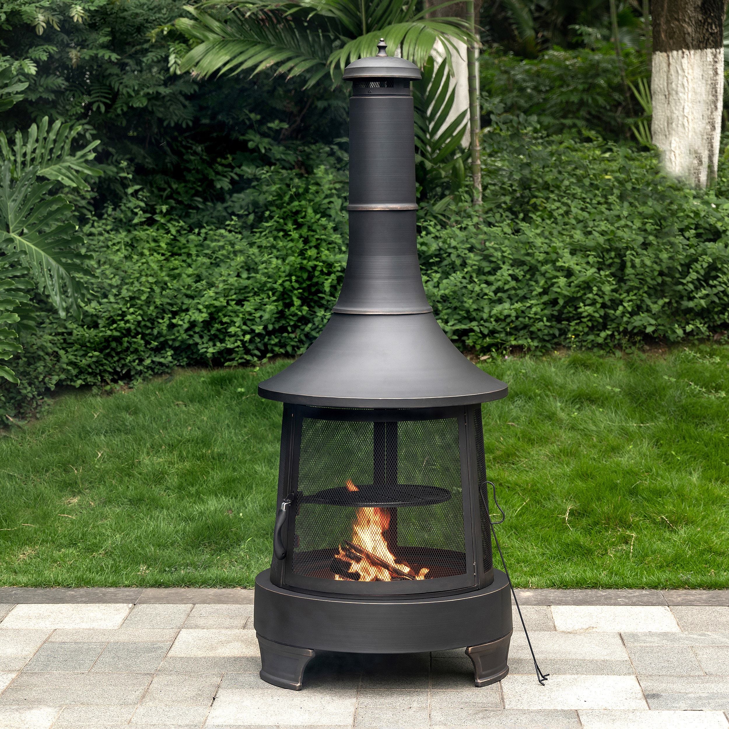 Black Steel Chimney Fire Pit with Cast Iron Grill