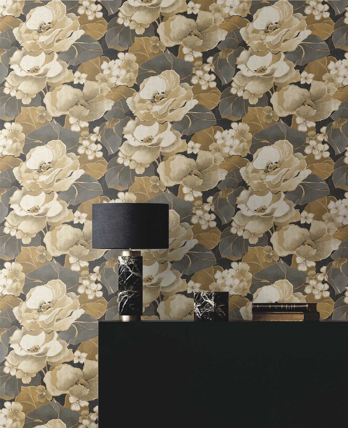 Ebony and Antique Gold Floral Peel and Stick Wallpaper