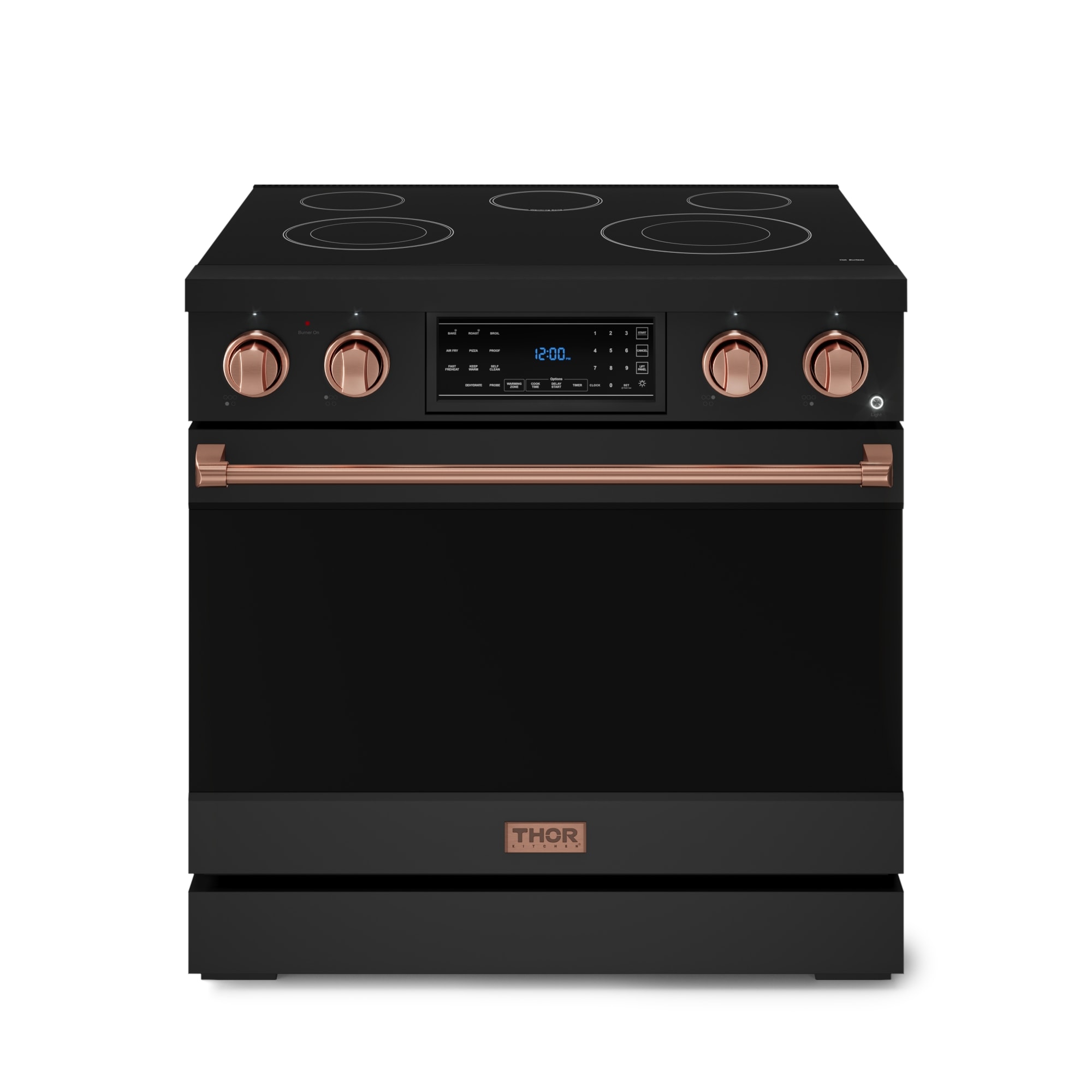 Thor Kitchen RSE36B-RSG Gordon Ramsay Series 36-in Glass Top 5 burners 6-cu ft Air Fry Convection Oven Freestanding Electric Range ( Matte Black with Rose Gold Accents )