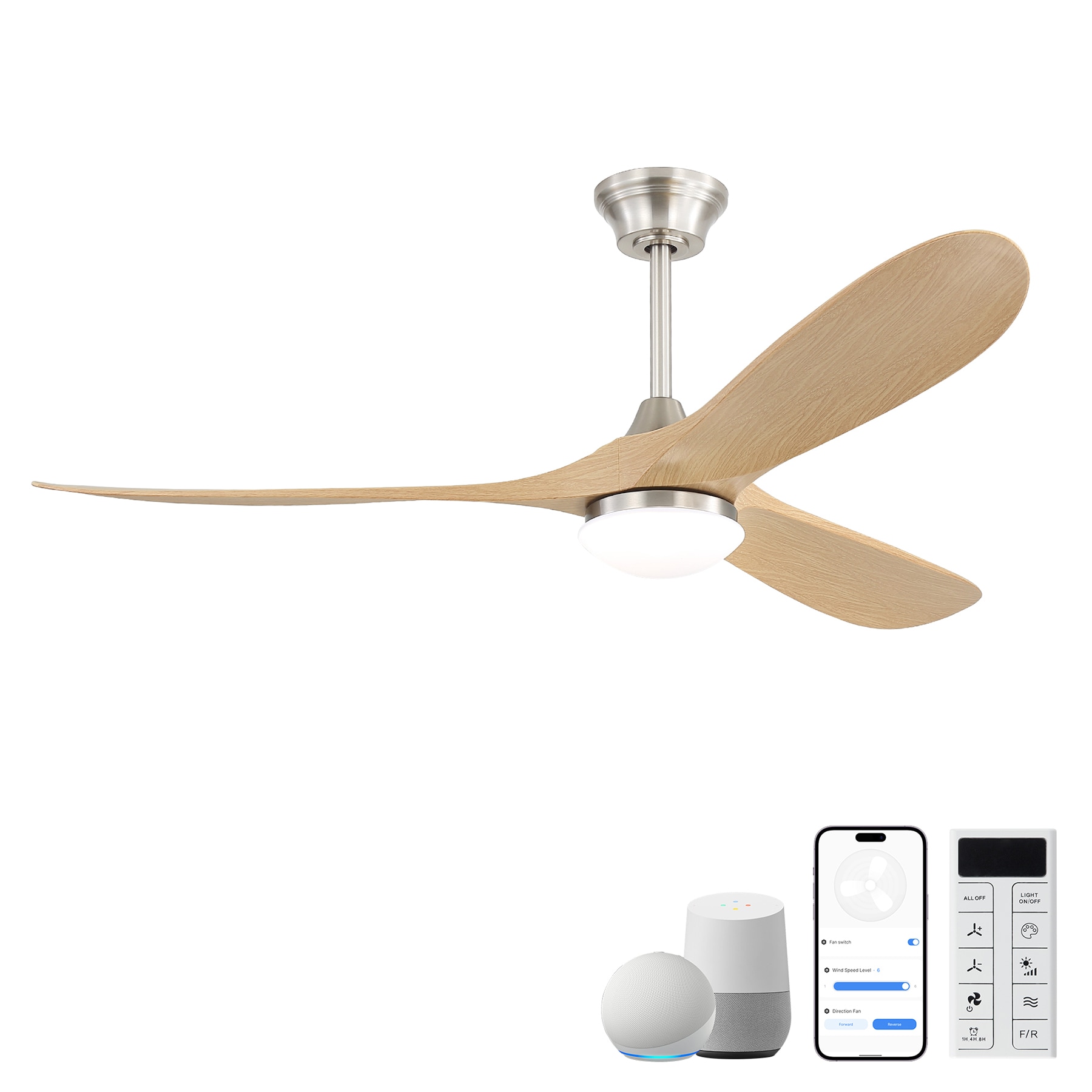 SINOFURN 60-in Nickel+Brown with ABS Brown Blades Smart Ceiling Fan With Light and Remote Control Included 3 -Blade