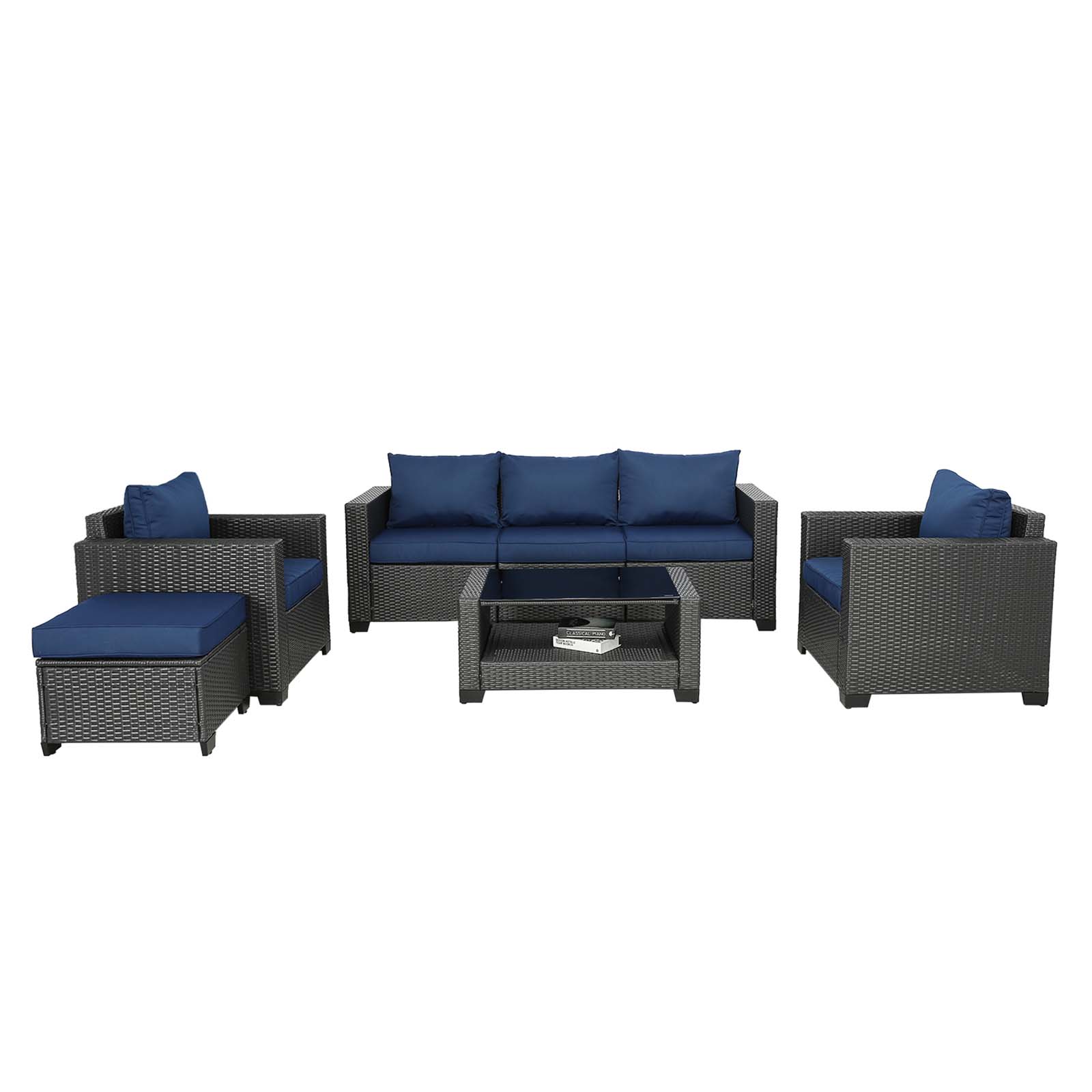 Damerin N7CS39 7 -Piece Wicker 3 Patio Sofa Conversation Set with Blue Cushions