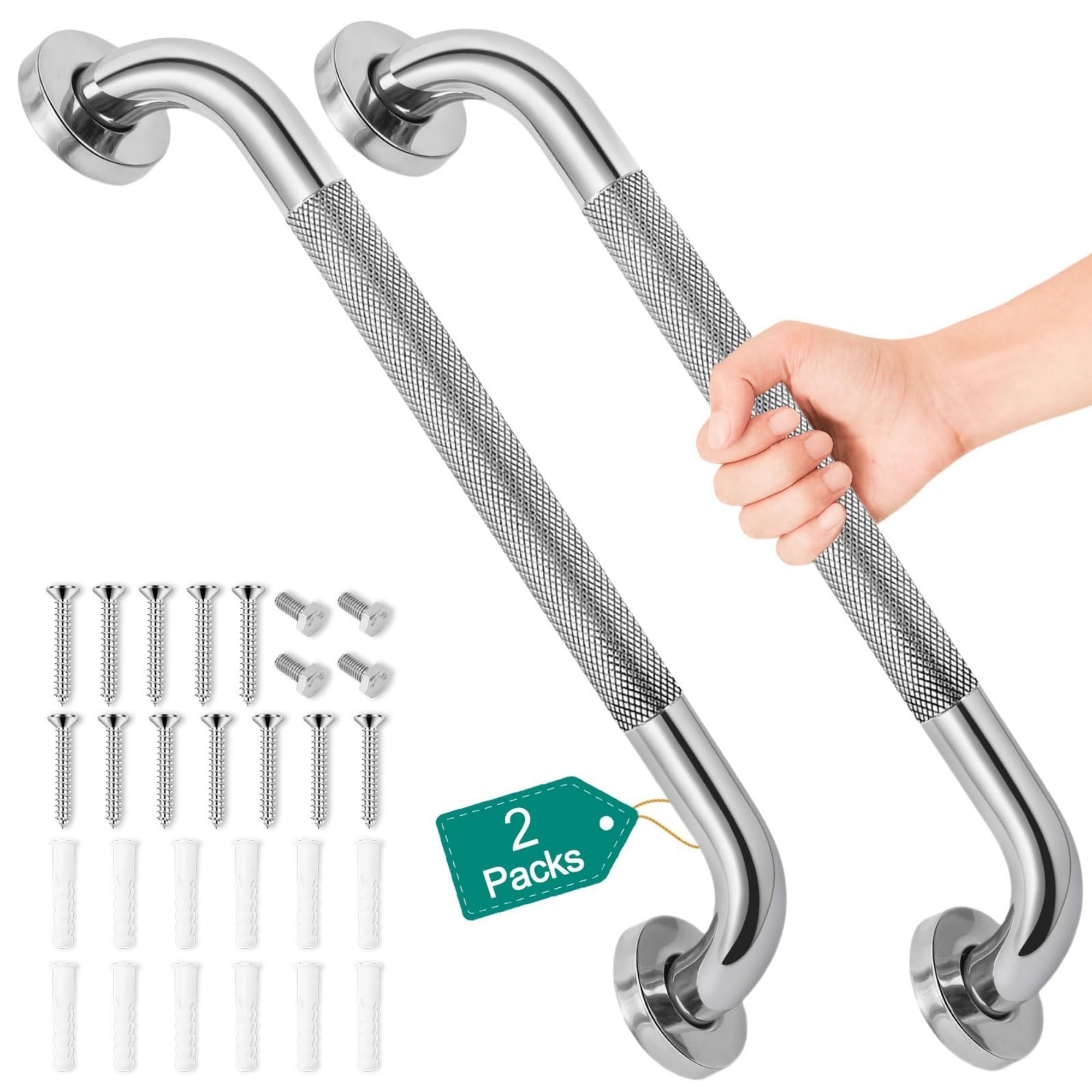 Numhew 16in L 2-Pack Anti-Slip Silvery Grab Bars Stainless Steel Safety Bathroom Shower Handle