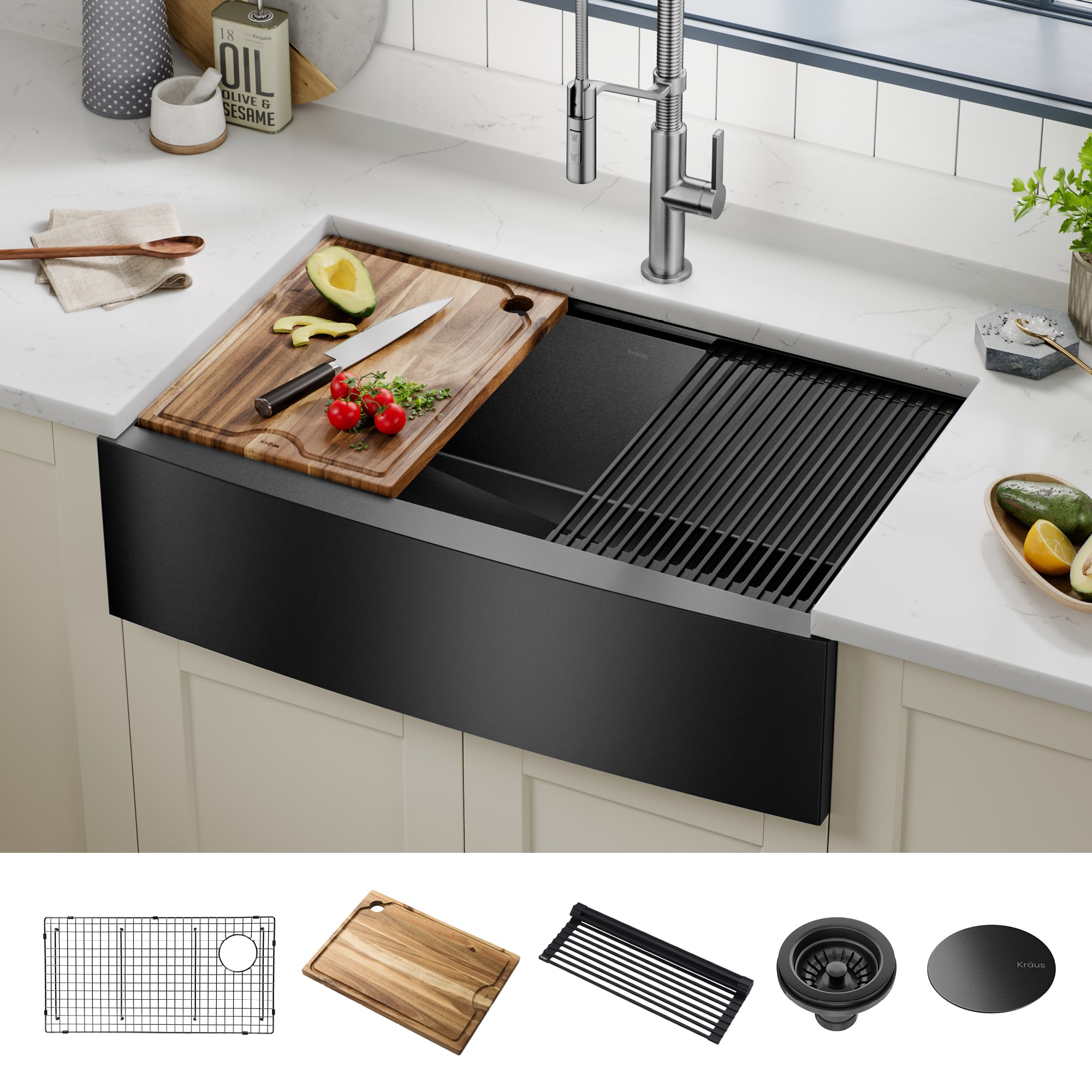Kraus KWF210-33/PGM Kore Farmhouse apron front 33-in x 20.25-in Stainless steel Single bowl 16 -Gauge Workstation Kitchen Sink