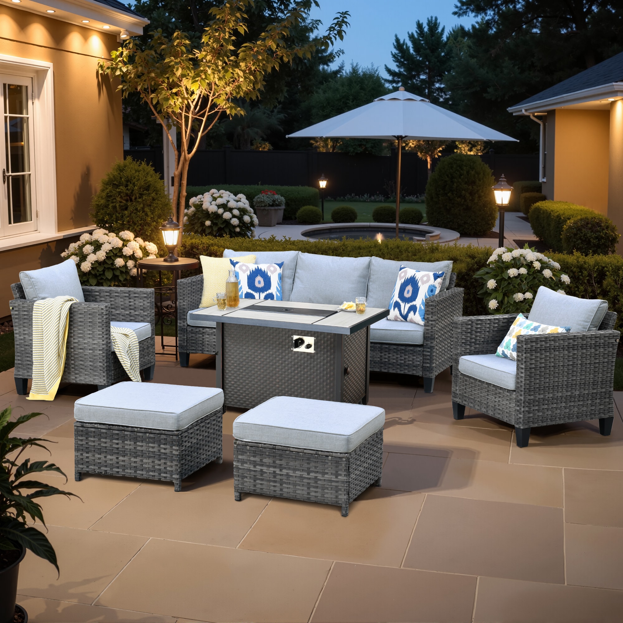 XIZZI XSQ70063-CFP Ruby 6 -Piece Rattan Patio Sofa Conversation Set with Light Gray Cushions