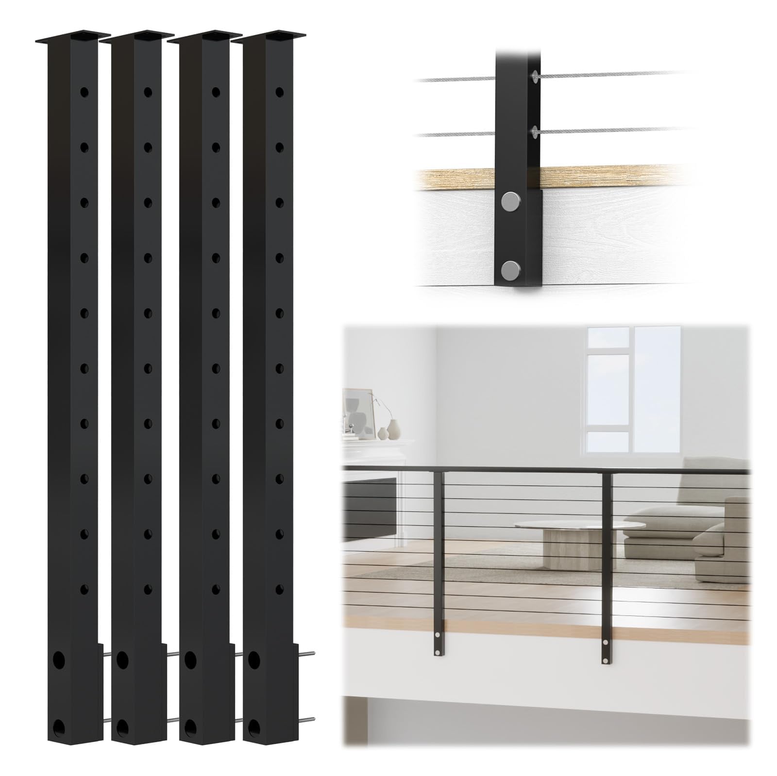 Afoxsos  36 Inch Black Side Mount Cable Railing Post Stainless Steel Level Drilled Space Saving Kit for Indoor Outdoor Use