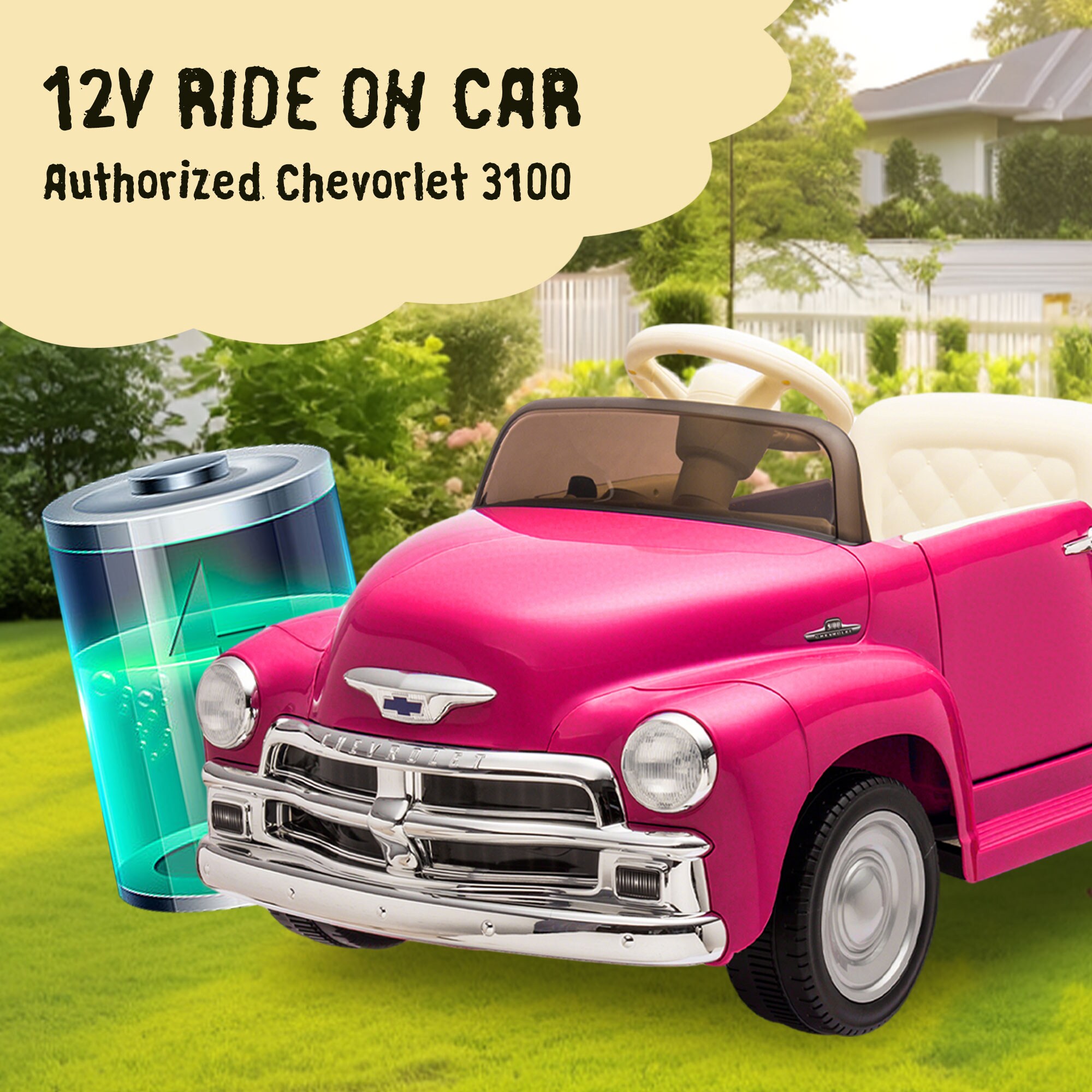 12V Kids Ride On truck car w/parents control, Licensed Chevrolet 3100 pickup,electric car for kid,Vintage modeling,3 speeds,LED Lights,Bluetooth,USB,High-power up to 3.11 MPH,age 3+