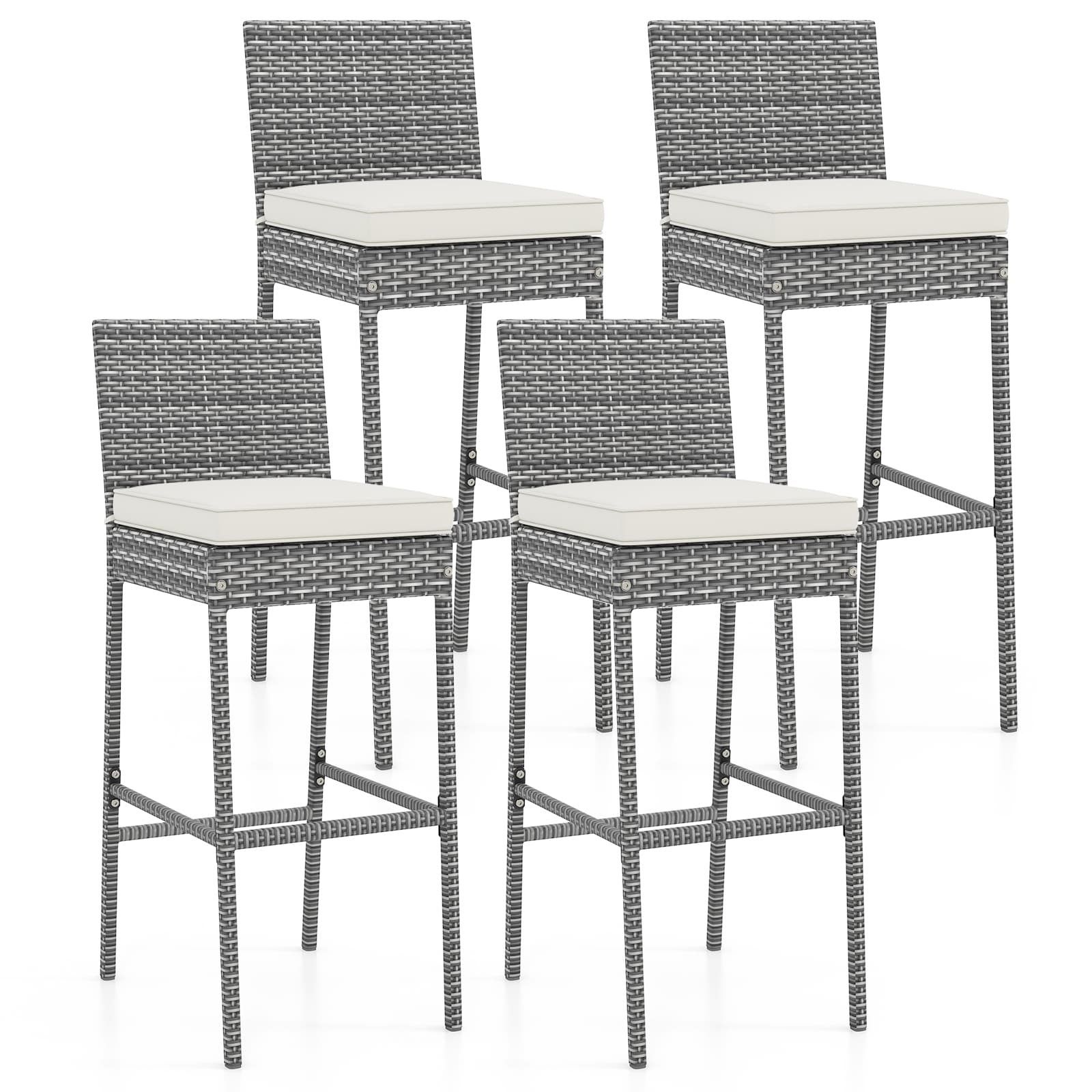 YERIVA HSM729764 Set of 4 Rattan Gray Rattan Frame Stationary Bar Stool Chair with Off-white Cushioned Seat