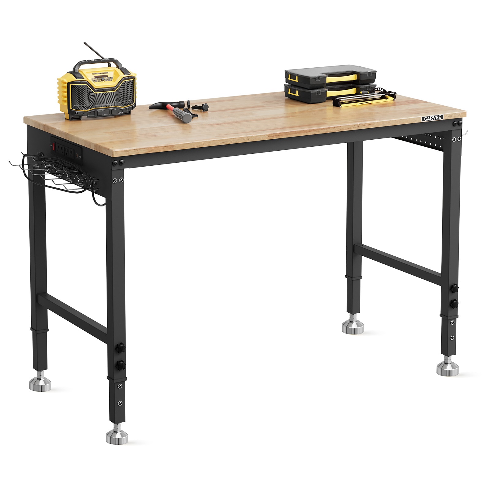 IdealHouse 48 x 24 Inch Workbench 6-Level Adjustable Height 2000 lb Load Capacity with Solid Rubberwood Top ETL Power Outlets 4 Leveling Feet Pegboard and Hooks for Garage and Woodworking Shop