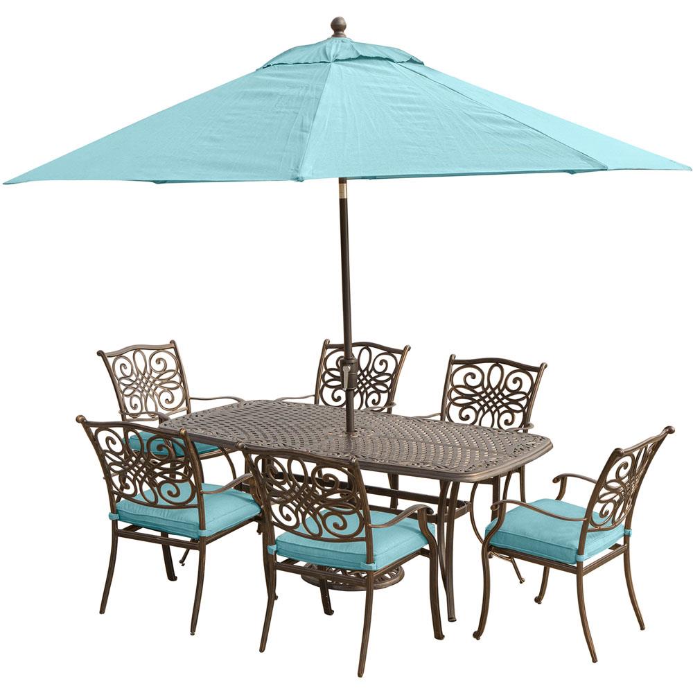 Hanover TRADITIONS7PC-SU-B Traditions 9-Piece Bronze Patio Dining Set with Blue Cushions