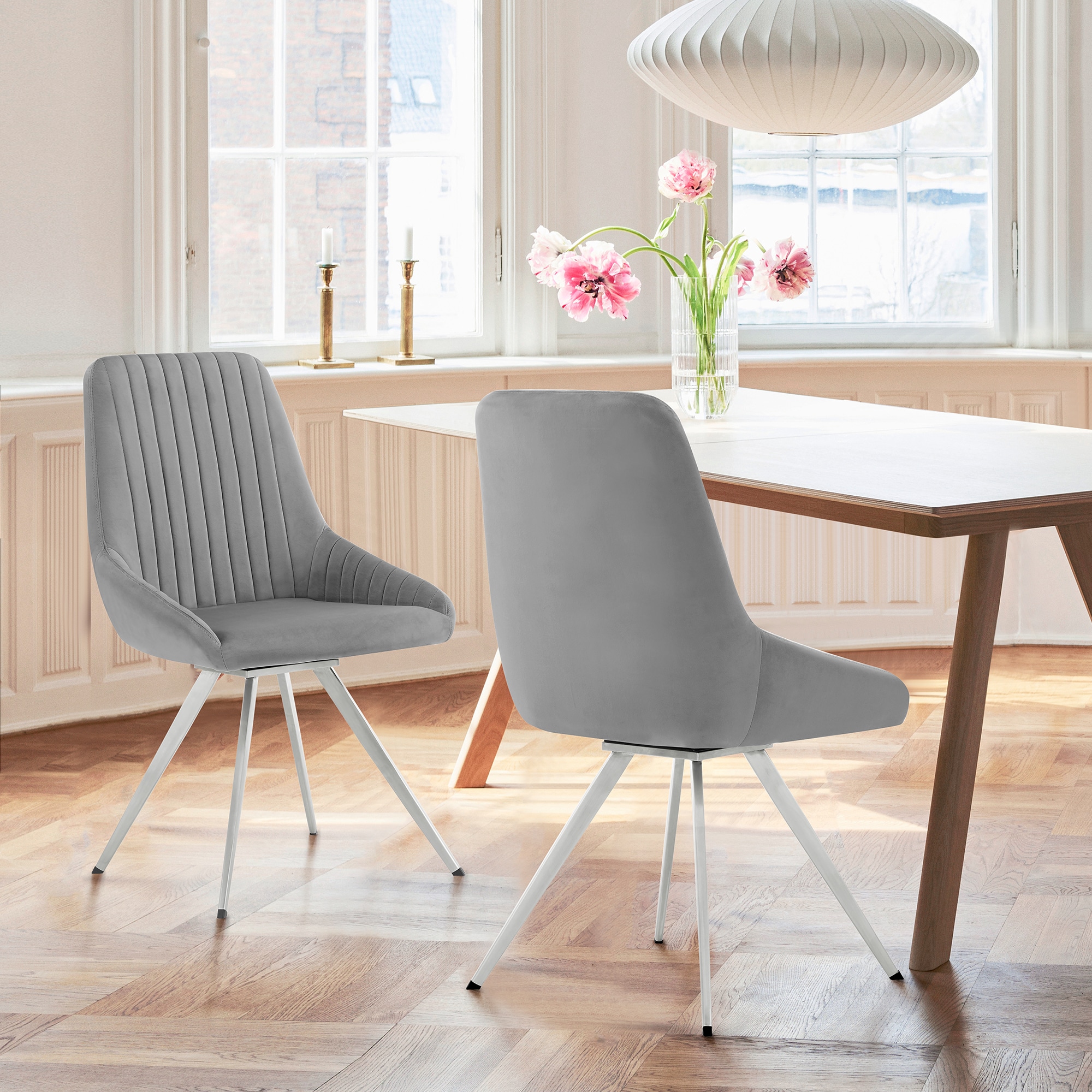 Contemporary Gray Velvet Upholstered Swivel Dining Chair