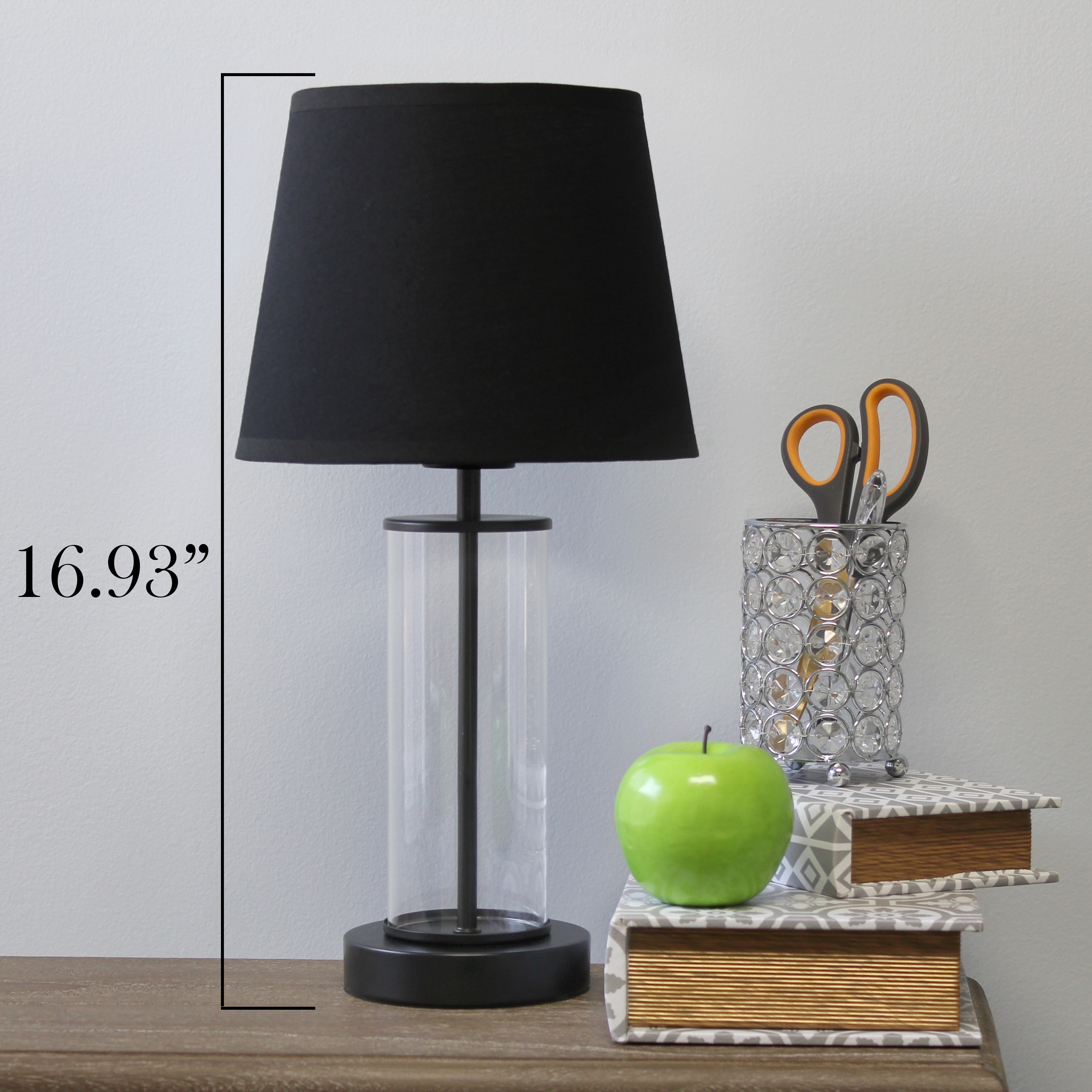 Black Metal and Clear Glass Table Lamp with Fabric Shade