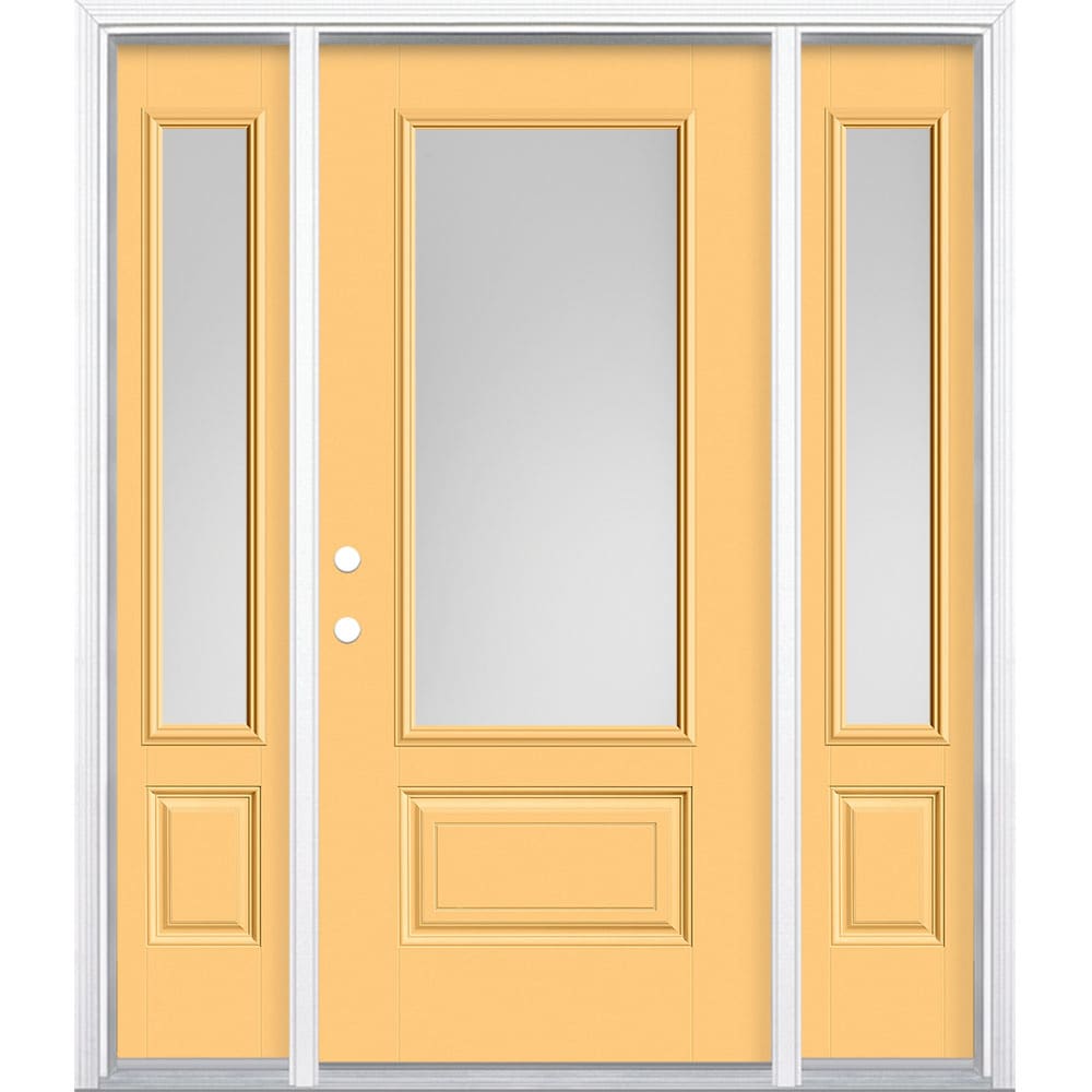 Masonite 629424 64-in x 80-in x 4-9/16-in Fiberglass 3/4 lite Right-hand inswing Cabana Yellow Painted Prehung Front Door with Sidelights with Brickmould Insulating core