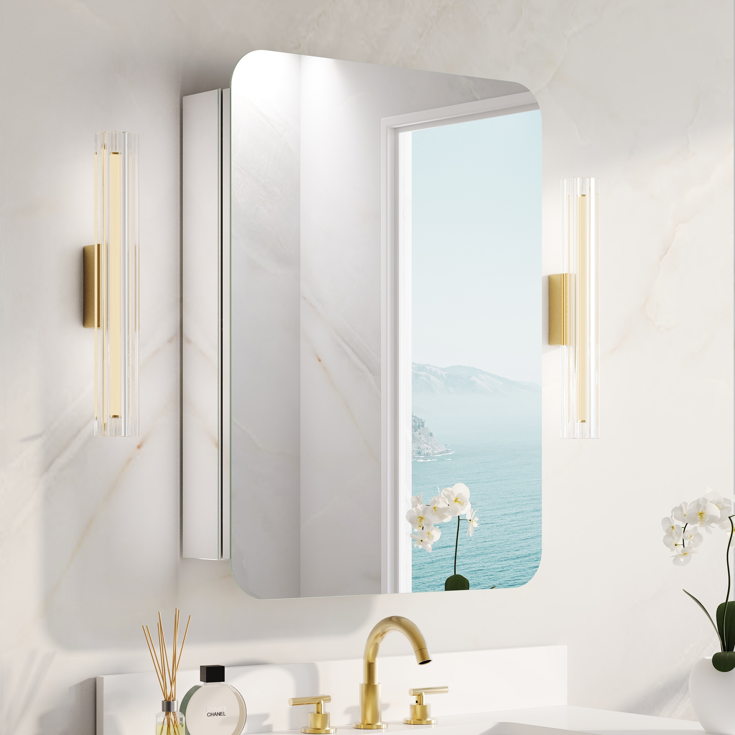 Forclover Medicine Cabinet 24-in x 32-in Surface/Recessed Mount Chrome Mirrored Rectangle Soft Close Medicine Cabinet