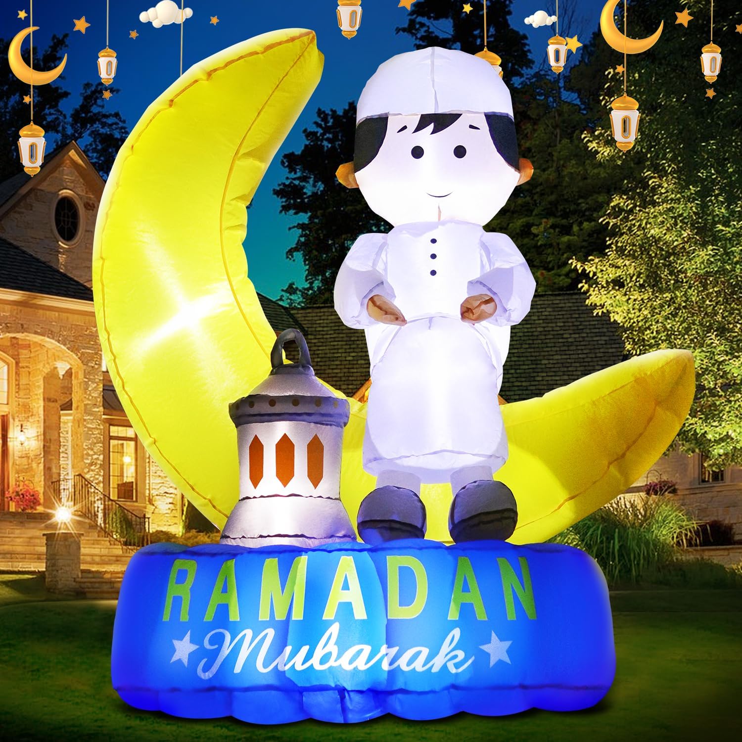 DomKom  6-FT Ramadan Inflatable Decoration Islamic Eid Decor with Built-in LED Lights Heavy Duty Blow Up Mosque and Moon Ramadan Kareem Roof Sign for Holiday Outdoor Lawn Display Multi