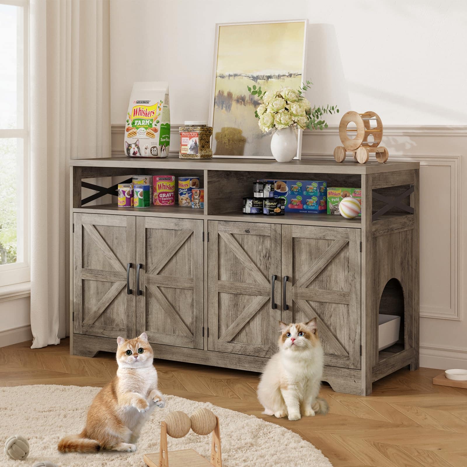 Vabches Weathered Gray Farmhouse Double Cat Litter Box Cabinet with 4 ...
