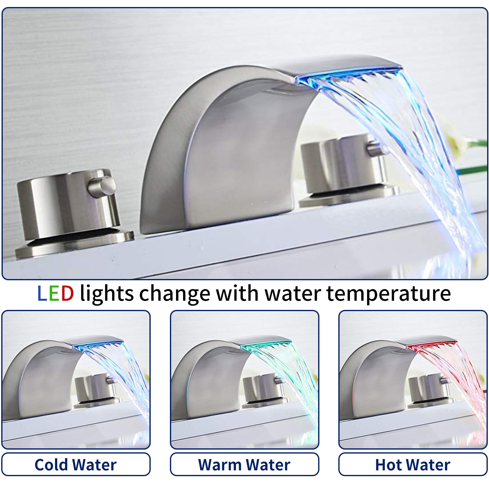 Brushed Nickel 8-Inch Widespread Waterfall Bathroom Faucet with LED Light