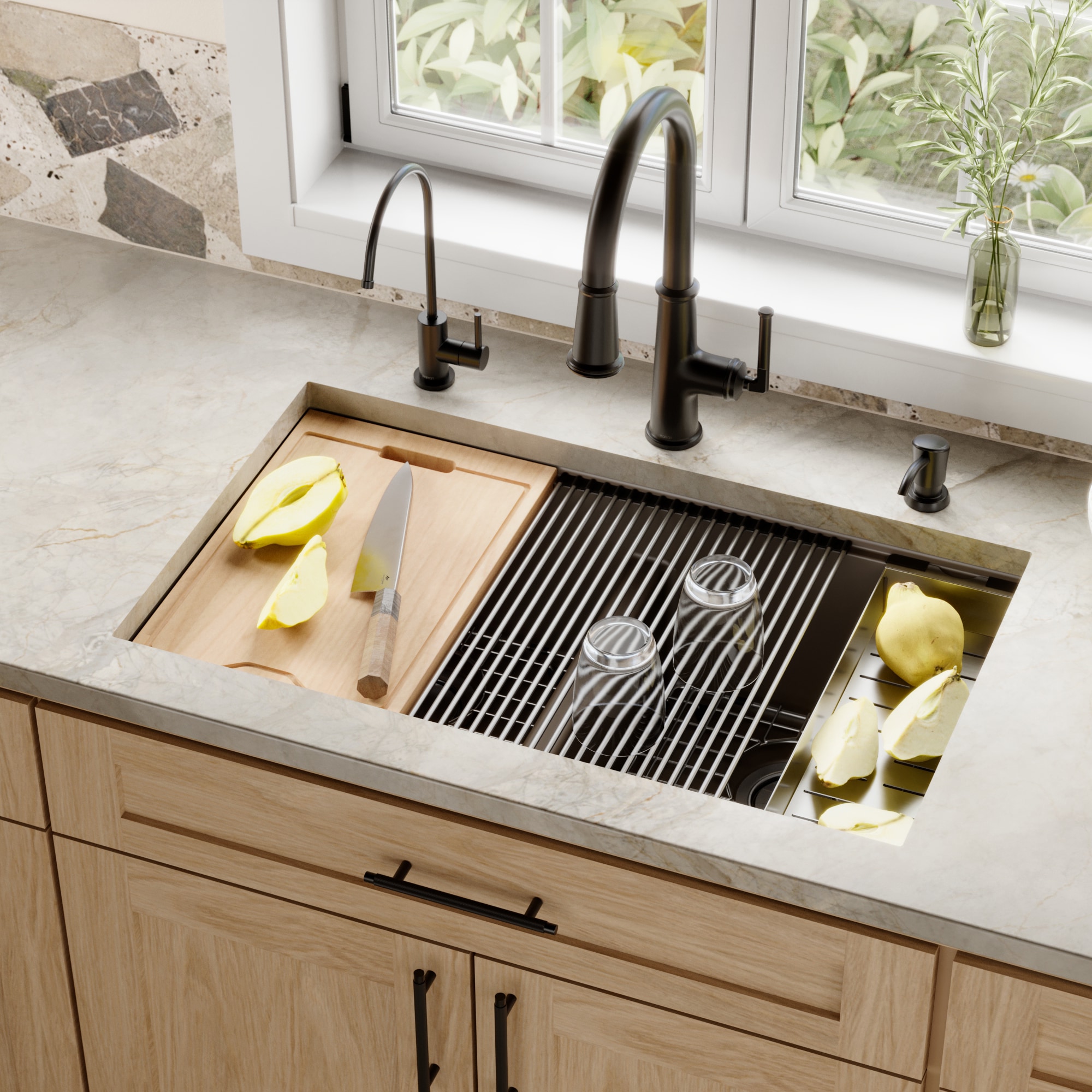 Karran Undermount 32.5-in x 19.25-in Quartz Double equal bowl Workstation Kitchen Sink with Drainboard