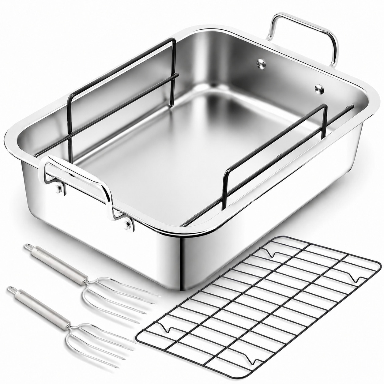 Aoibox  16 x 12 in Stainless Steel Turkey Roasting Pan with Nonstick V Rack and Flat Cooling Rack 3 Piece Set
