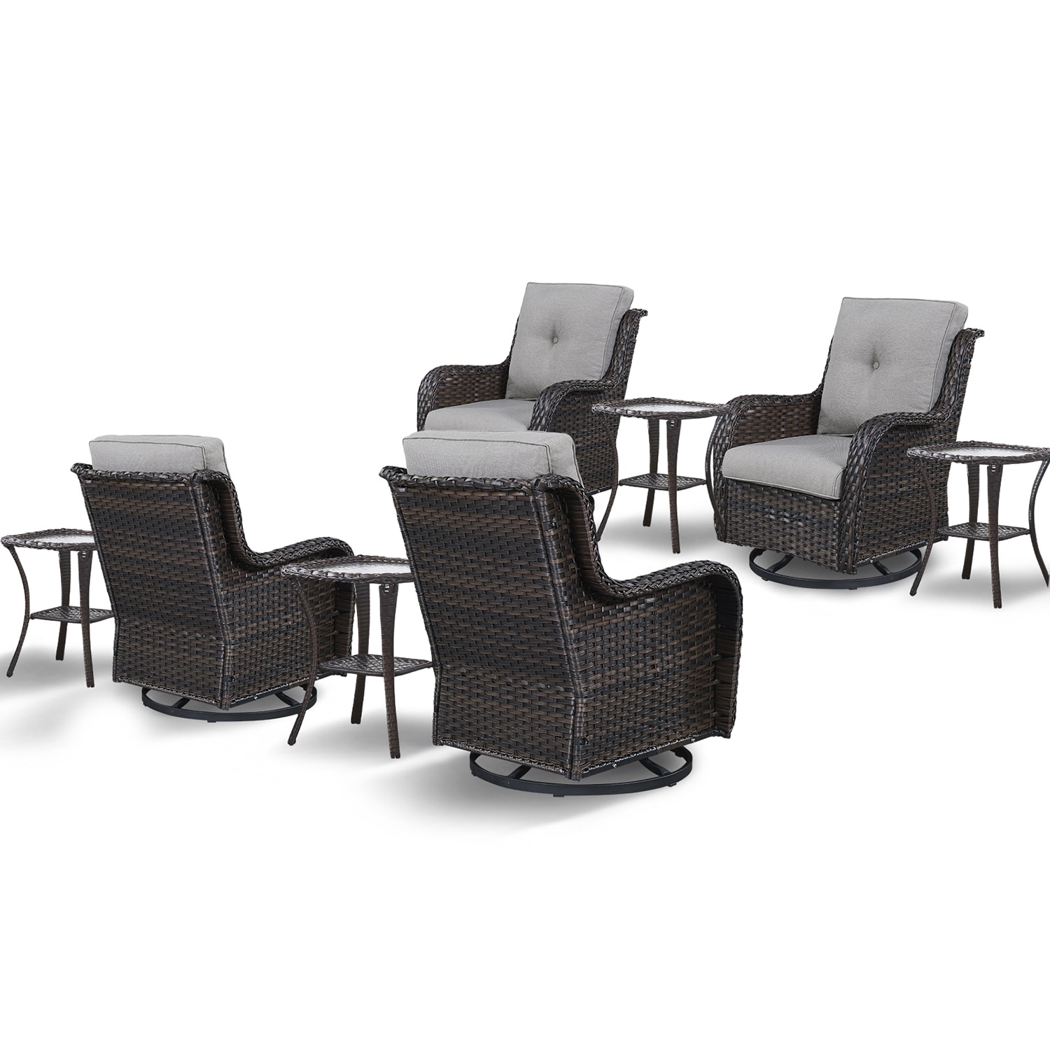 Rilyson FS035X2025X2-3 Curved handrail Set of 4 Wicker Brown Steel Frame Swivel glider Rocking Chair with Gray Gray Cushioned Seat