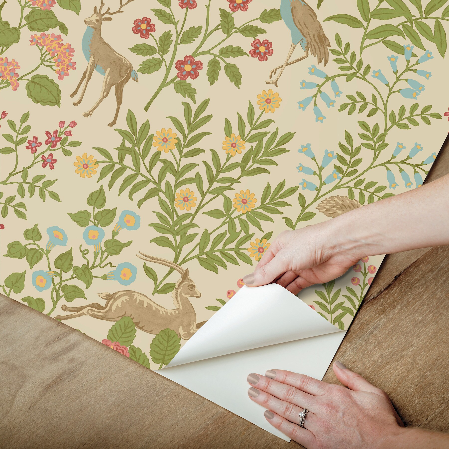 Linen Tan and Green Floral Peel and Stick Wallpaper