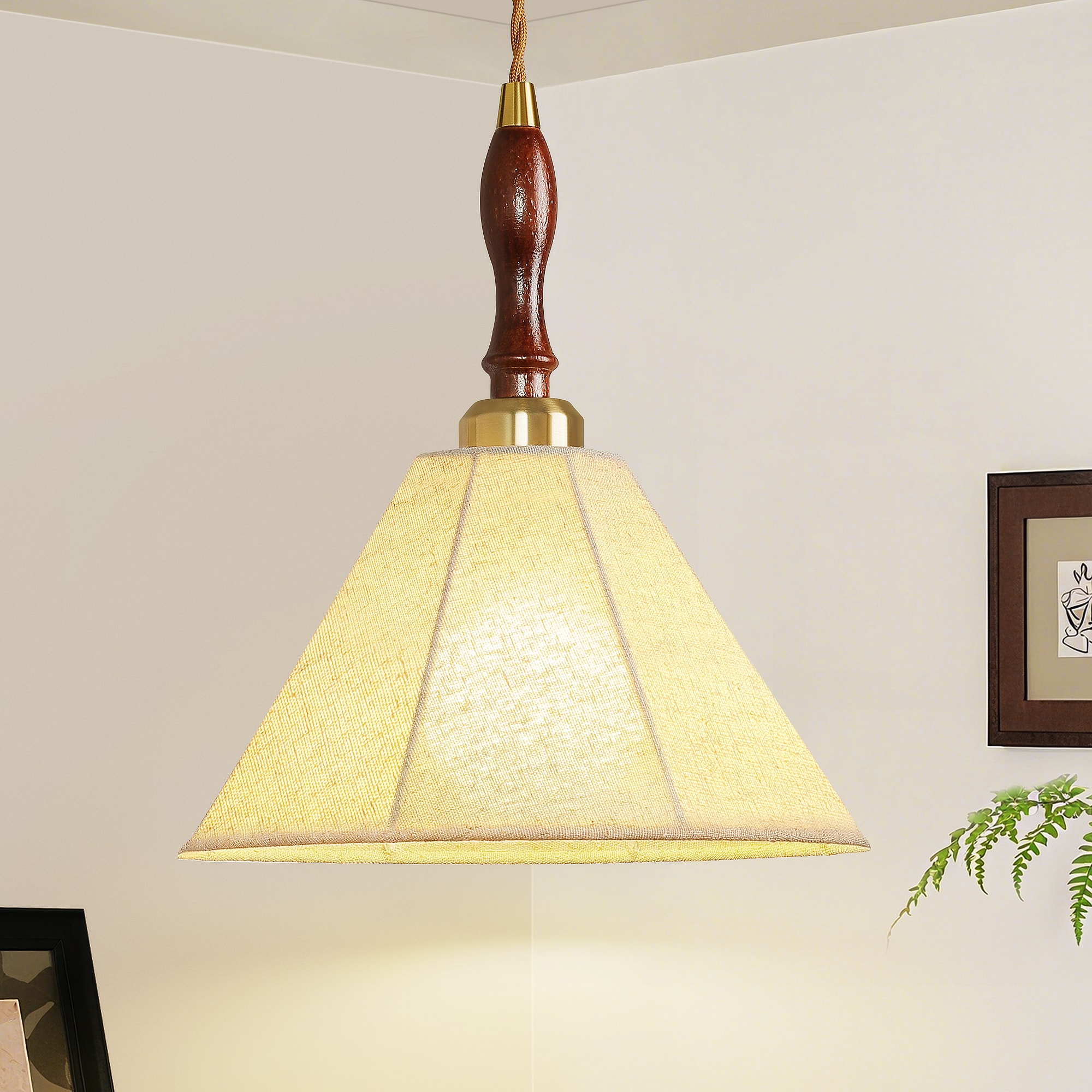 KAISITE 8235PL-01GD-US 60-Watt 1-Light Vintage Walnut Pendant Light with Fabric Shade Adjustable Height Cone Hanging Lamp For Kitchen Island