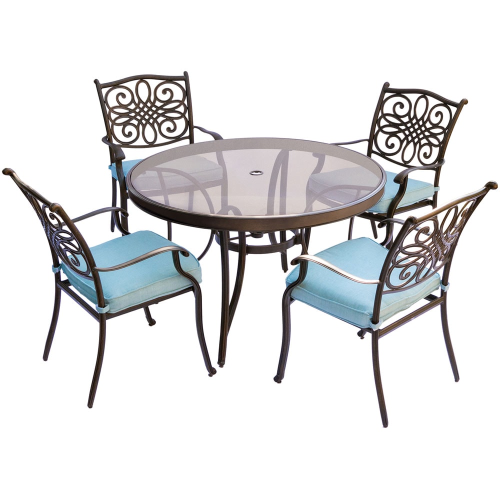 Traditions 5-Piece Bronze Patio Dining Set Aluminum Round Table with 4 Blue Cushions Stationary Chairs | - Hanover TRADDN5PCG-BLU