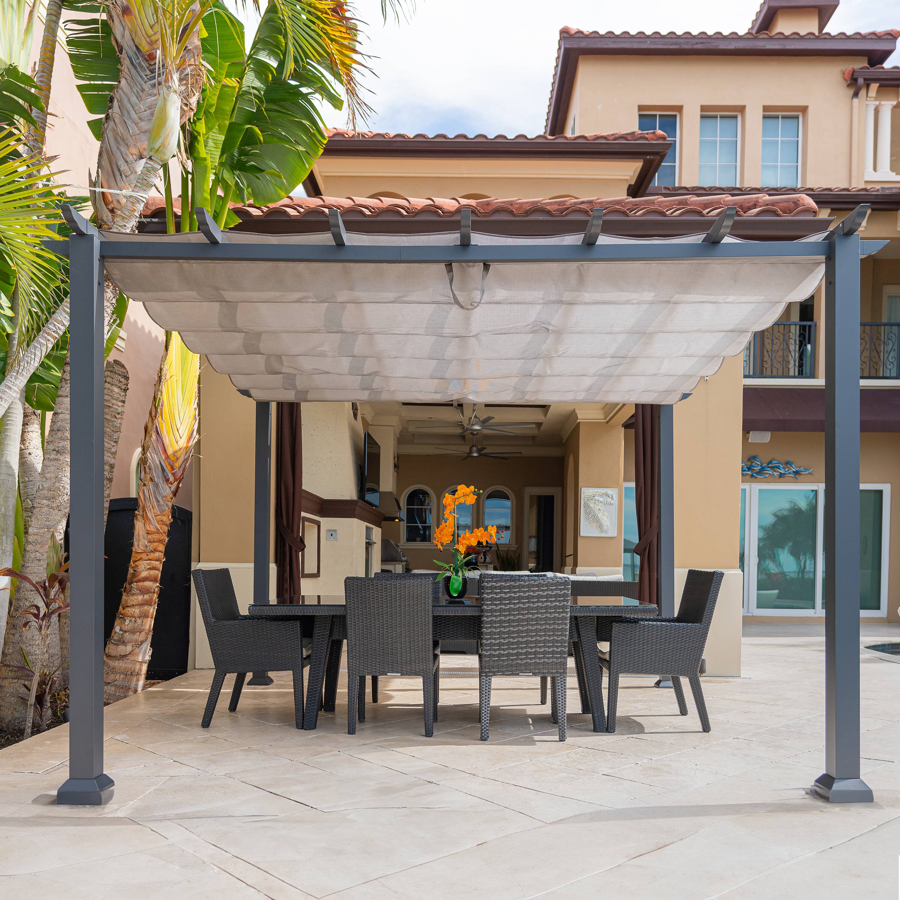 Paragon Outdoor PR11GRYG Florence 11-ft 2-in W x 11-ft 2-in L x 7-ft 8-in H Gray Metal Freestanding Pergola with Canopy