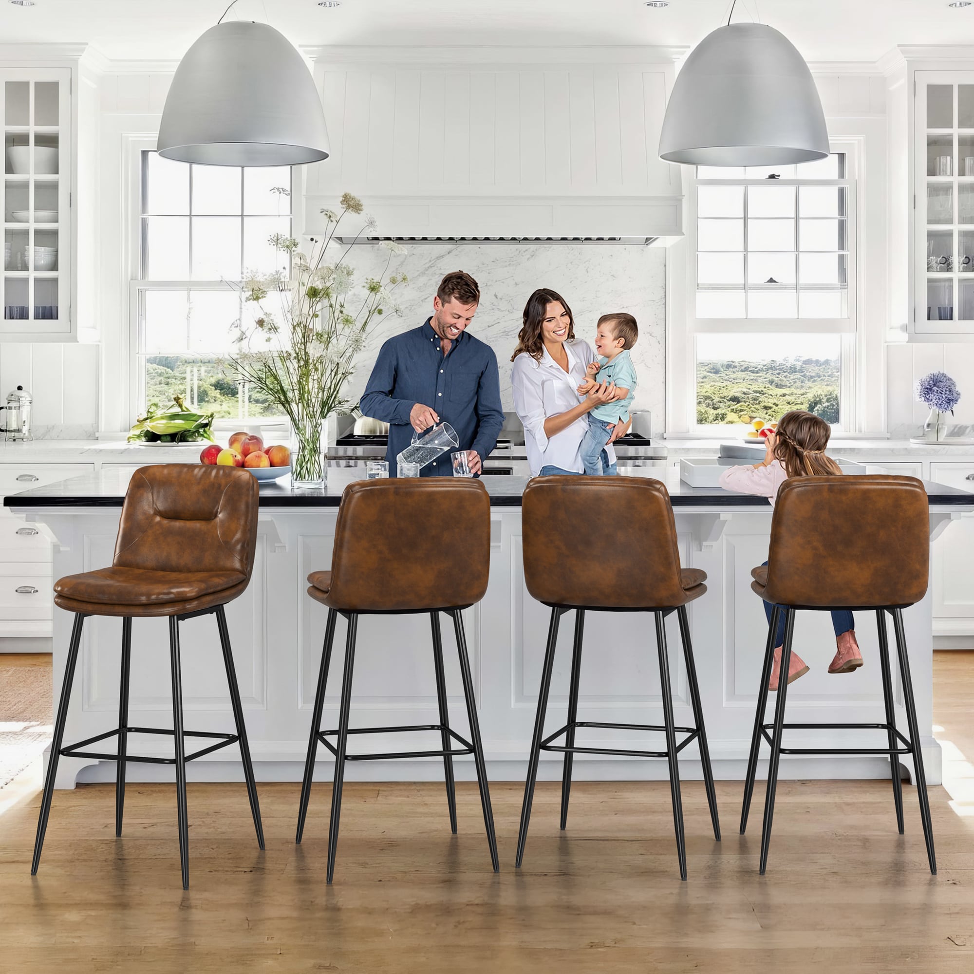 LUE BONA 4LB23CH0040-400LS Set of 4 Dark Brown 30-in H Bar height (28-in to 33-in) Bucket Seat Upholstered Metal Back Bar Stool with Arms and Back
