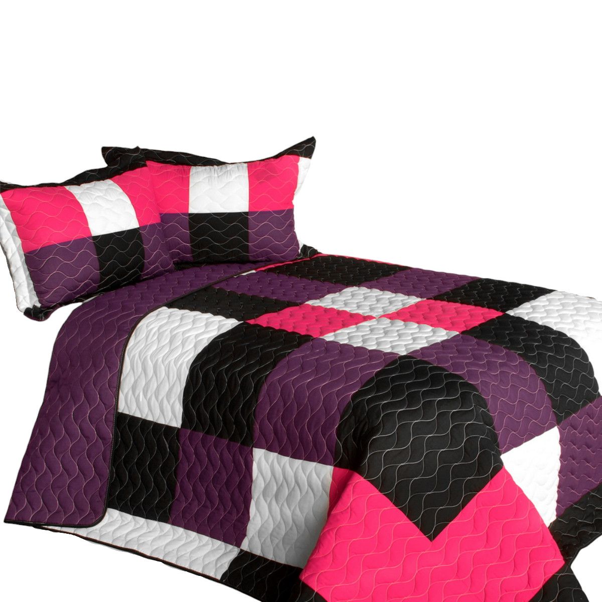 Slickblue 3 Piece Checkered Full/Queen Quilt Set with Vermicelli Quilting for Bedroom and Guest Room - Purple/Black