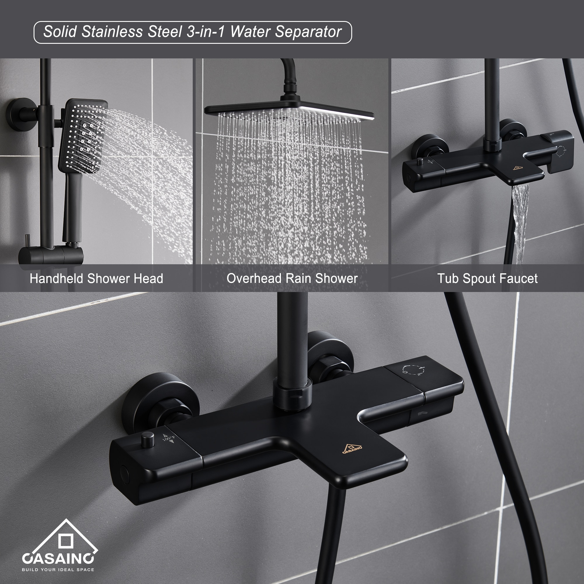 CASAINC Thermostatic Rectangle Shower Faucet Matte Black Dual Head ...