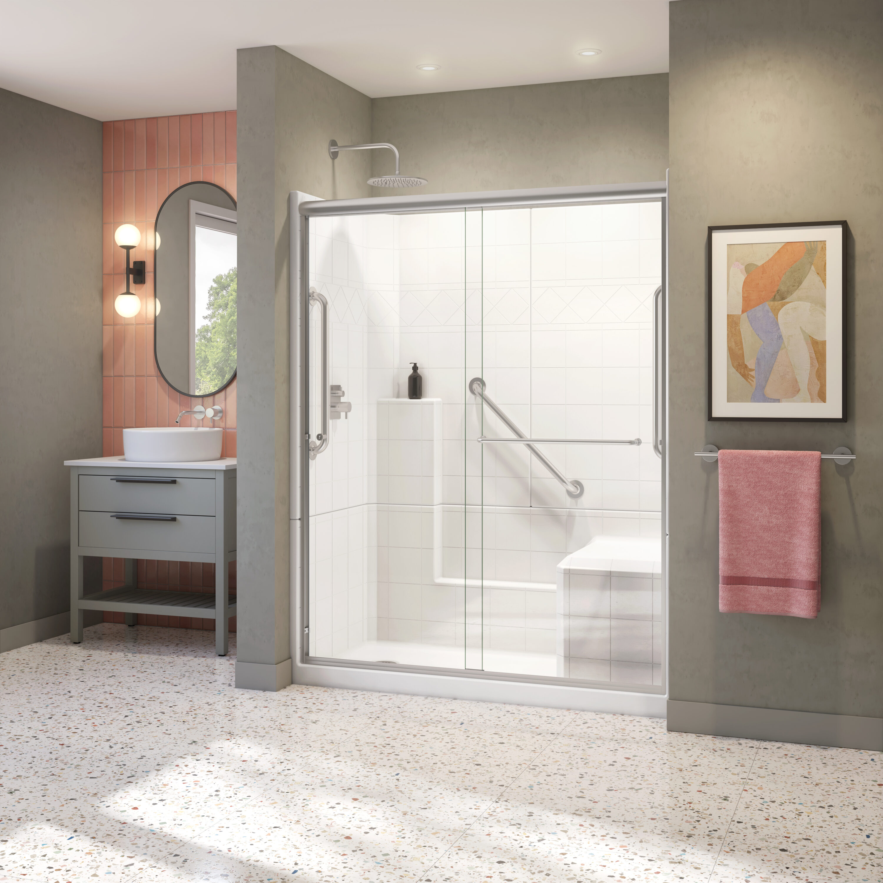 Laurel Mountain LM6032SH1S3PRWC3 Loudon 4 -Piece 33-in W x 60-in L x 77-in H Rectangular Alcove shower kit ( Left Drain) with Integrated Seat Base, Wall, Door and Drain Included Chrome Hardware Included