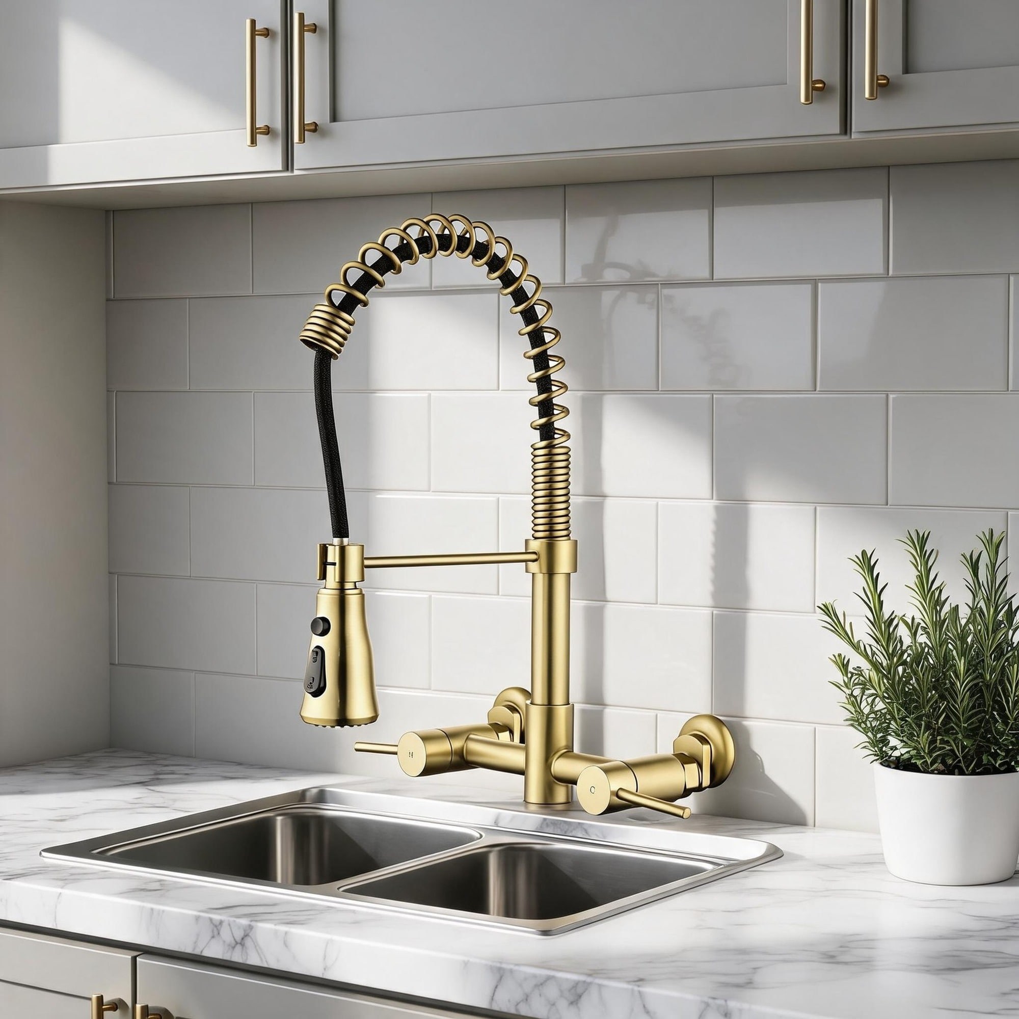 IAK Brushed Gold Brass 3 Functions Wall Mounted Bridge Kitchen Faucet with Pull-Down Sprayer and Dual Lever Handles