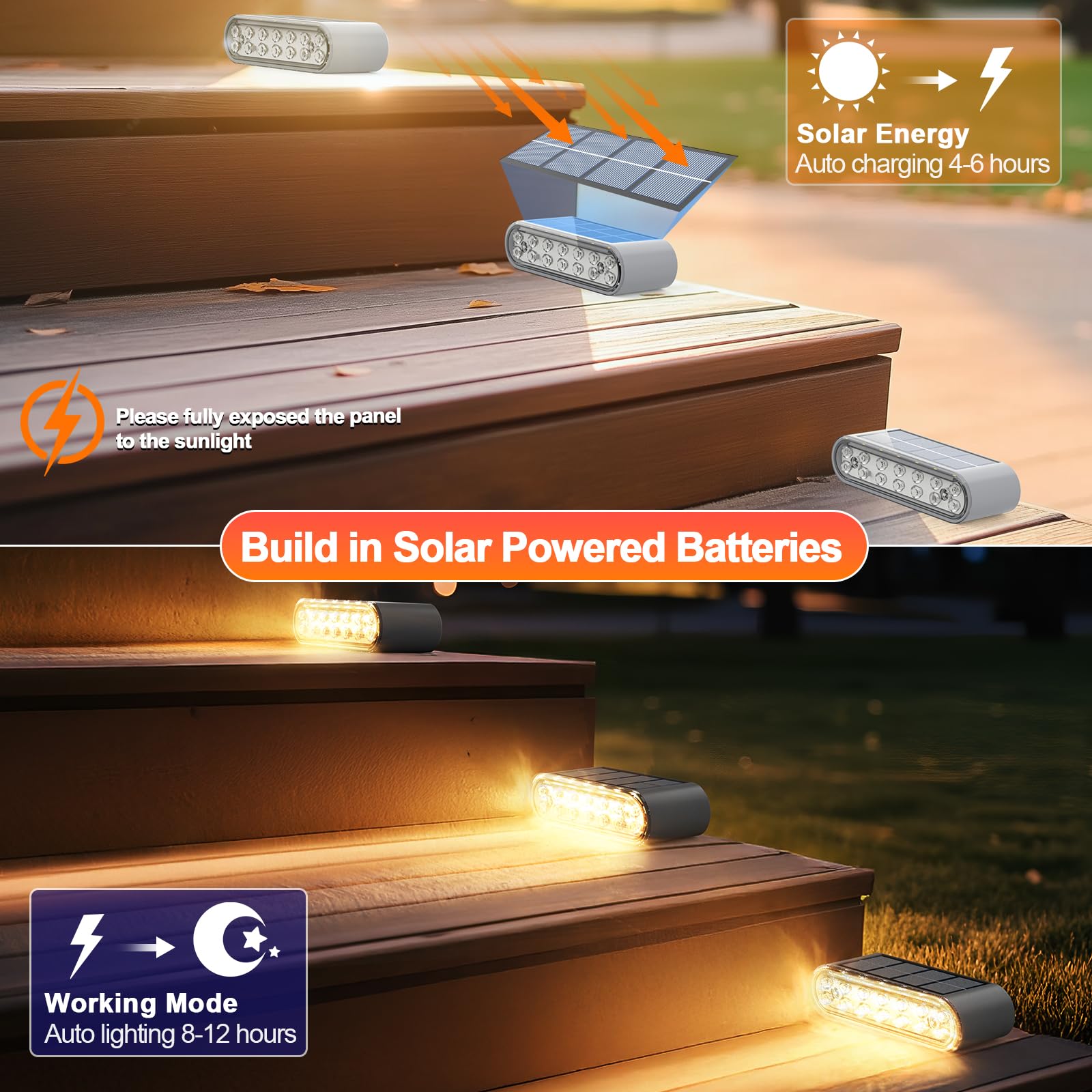 Vrbgify 8 Pack Solar Step Lights Outdoor IP67 Waterproof 14 LED Warm ...